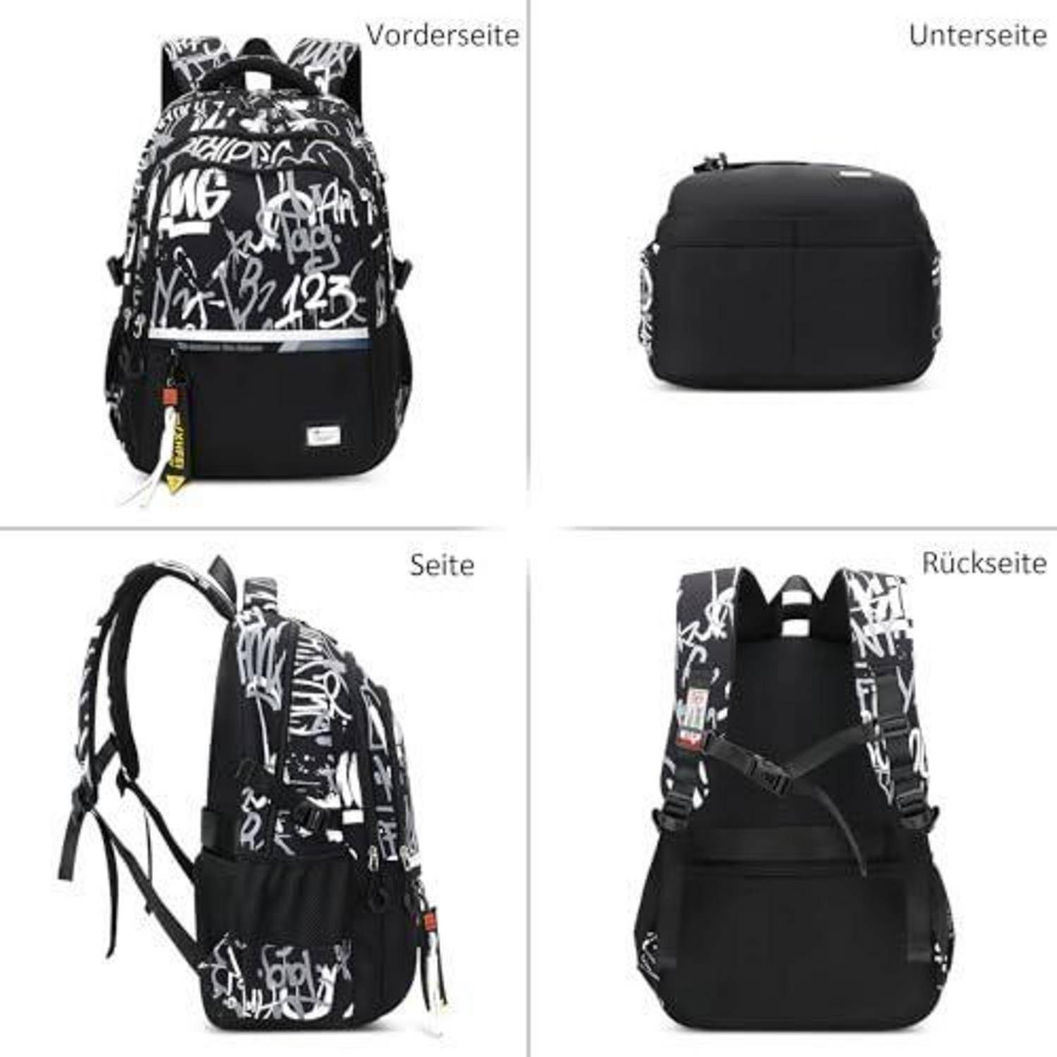 Vier Ansichten eines schwarzen Rucksacks mit weißem Graffiti-Stil-Druck, zeigen Vorder-, Boden-, Seiten- und Rückseite mit gepolsterten Trägern.