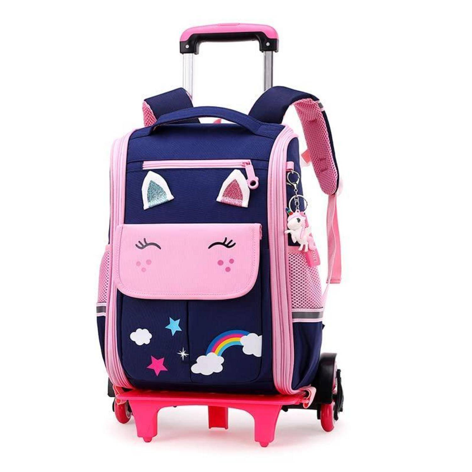Rosa und dunkelblauer Kinder-Rollrucksack mit Einhorngesichts-Details, Seitentaschen und ausziehbarem Griff auf weißem Hintergrund.
