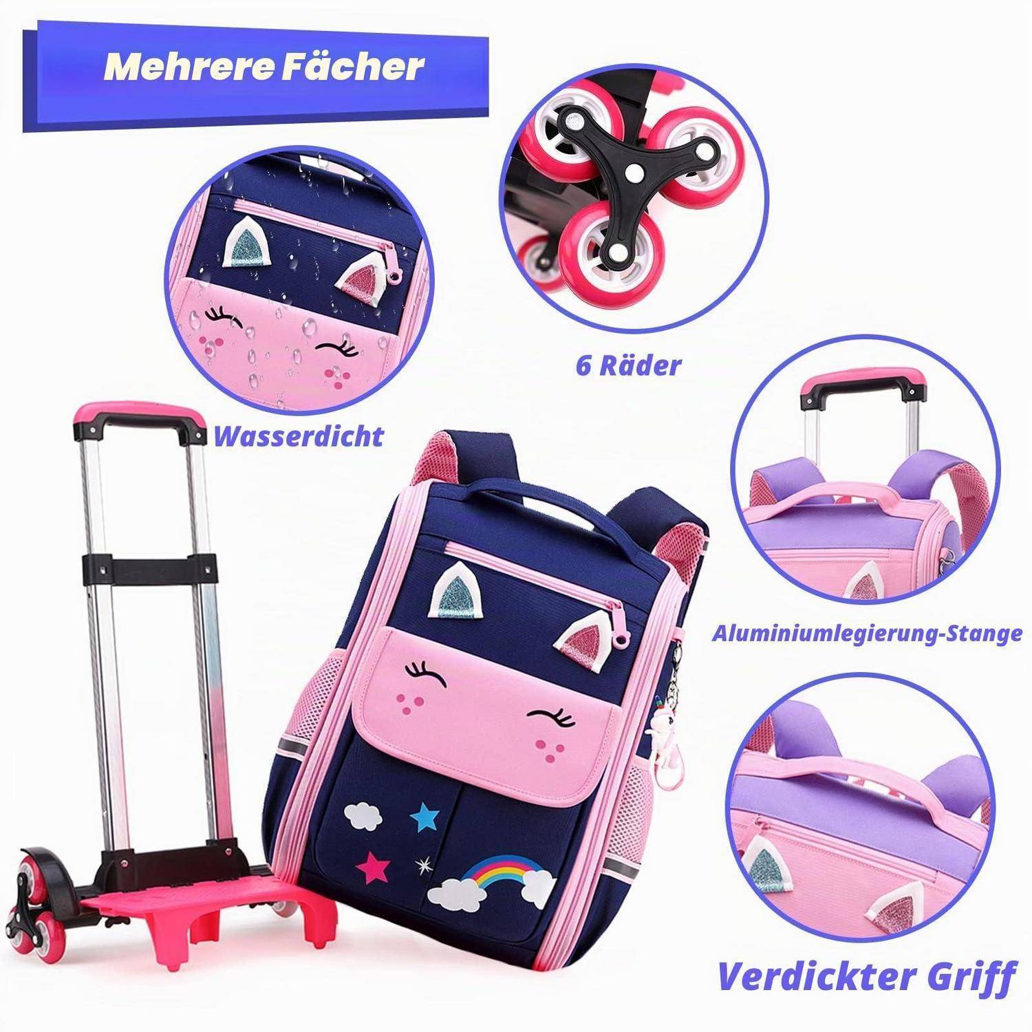 Rosa-marineblaue Kinder-Rollschultasche mit ausziehbarem Griff, 6 Rollen, wasserdichtes Design, mehrere Fächer und verdicktem Griffpolster.