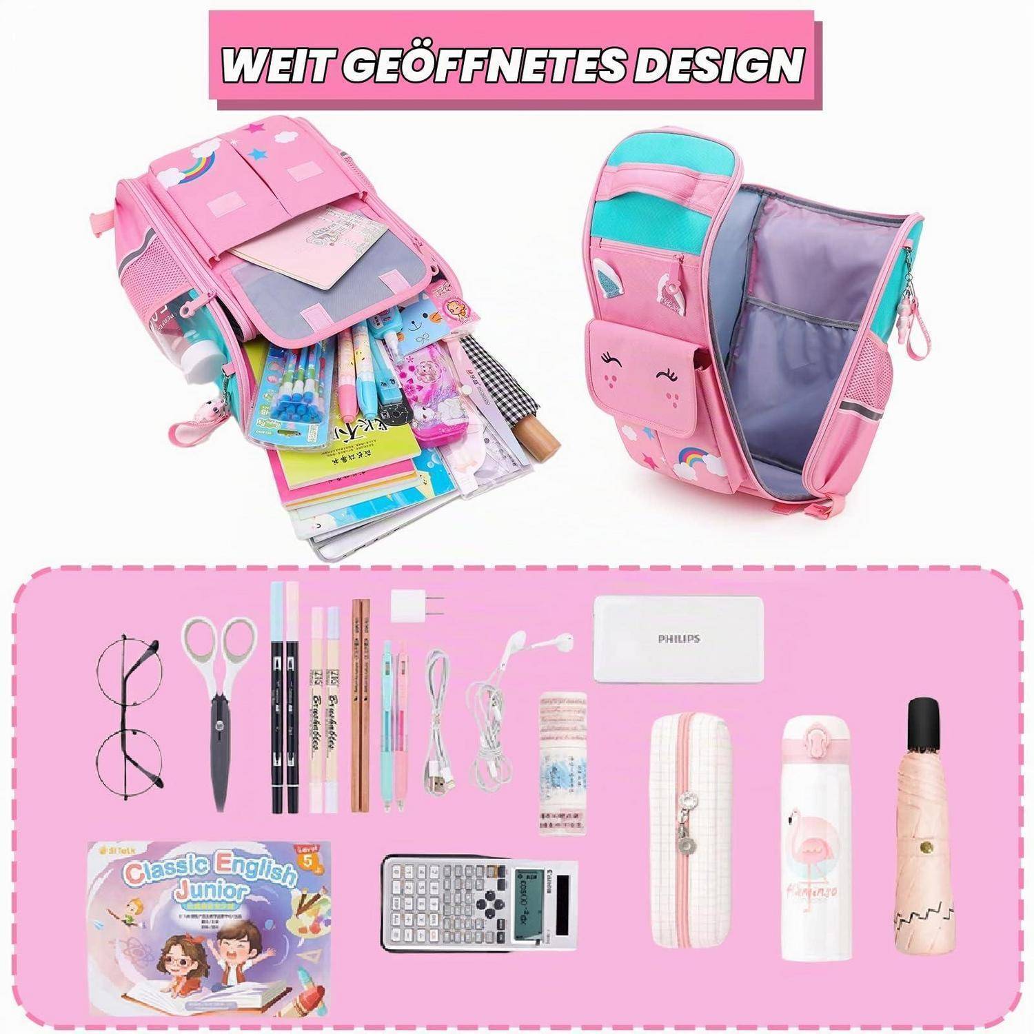 Rosa Kinder-Schulrucksack mit weit offenem Design, gefüllt mit Büchern und Schulmaterialien; das untere Bedienfeld zeigt enthaltenes Zubehör wie Schere, Stifte, Brille, Taschenrechner, Federmäppchen und Wasserflasche.
