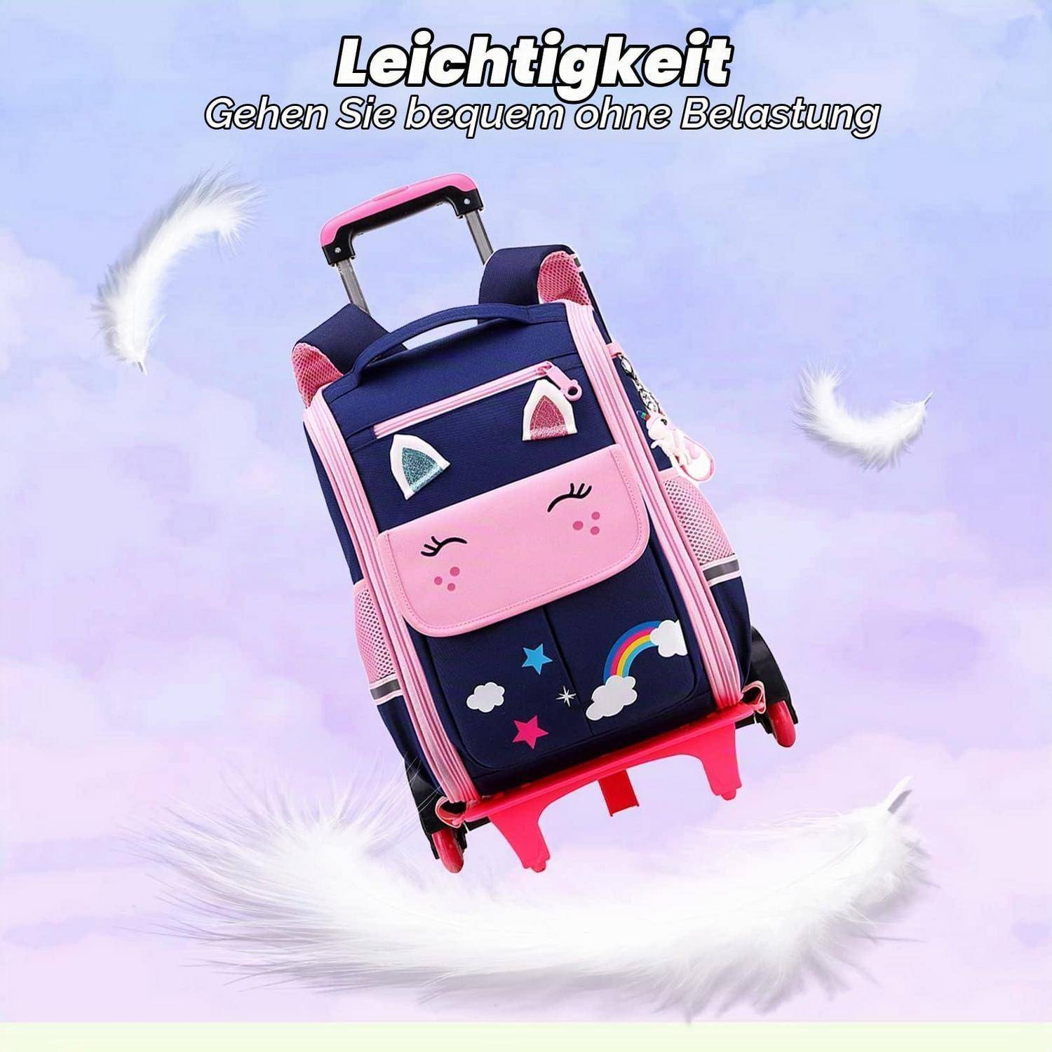 Entzückender rosa-und-dunkelblauer Rucksack mit Rollen für die Schule mit Katzengesicht und Regenbogendesign, gezeigt vor einem Pastellhintergrund mit deutschem Text 'Leichtigkeit' und 'Gehen Sie bequem ohne Belastung'.