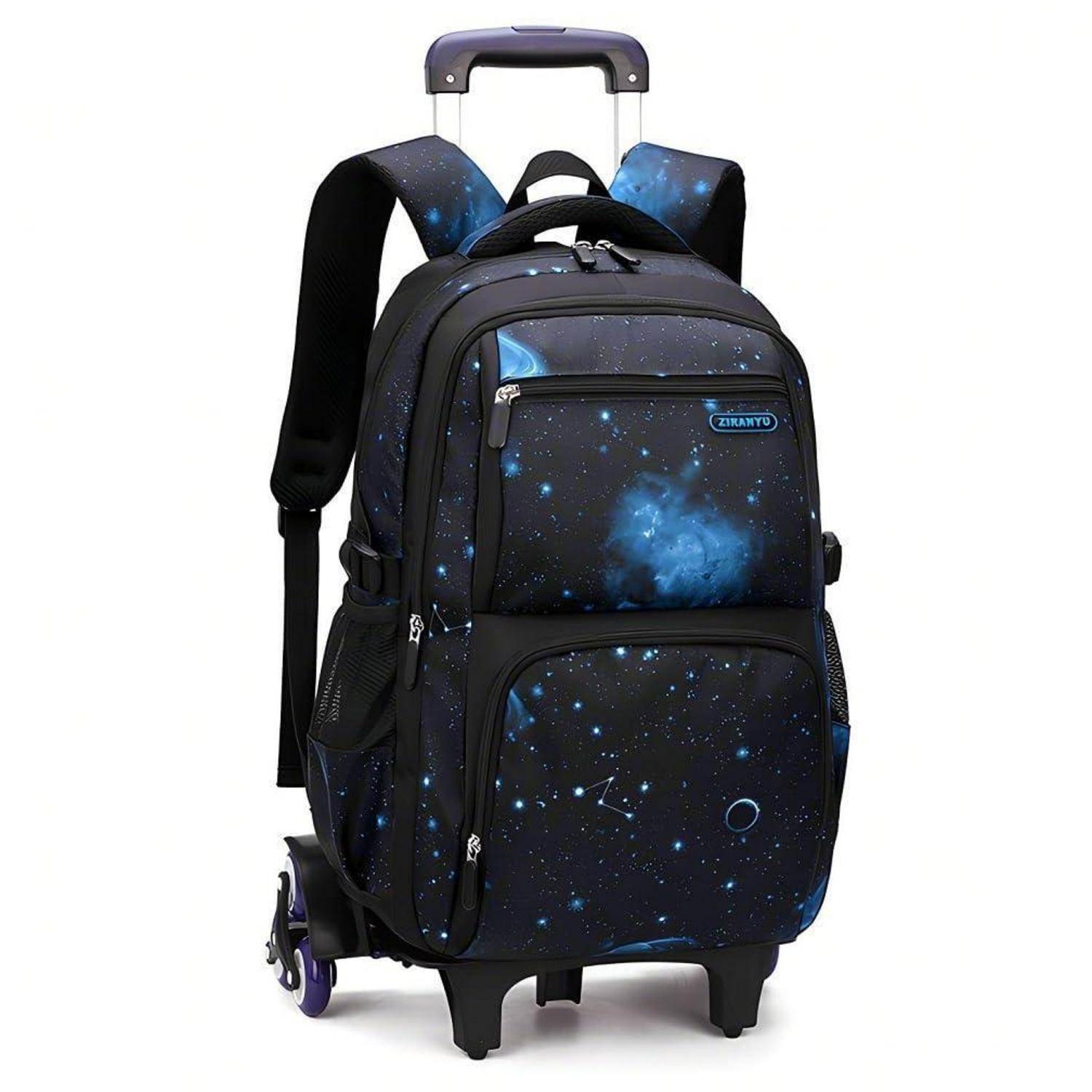 Schwarzer rollbarer Rucksack mit Galaxiedruck, Teleskopgriff, Schultergurten und vorderen Taschen, auf weißem Hintergrund abgebildet.