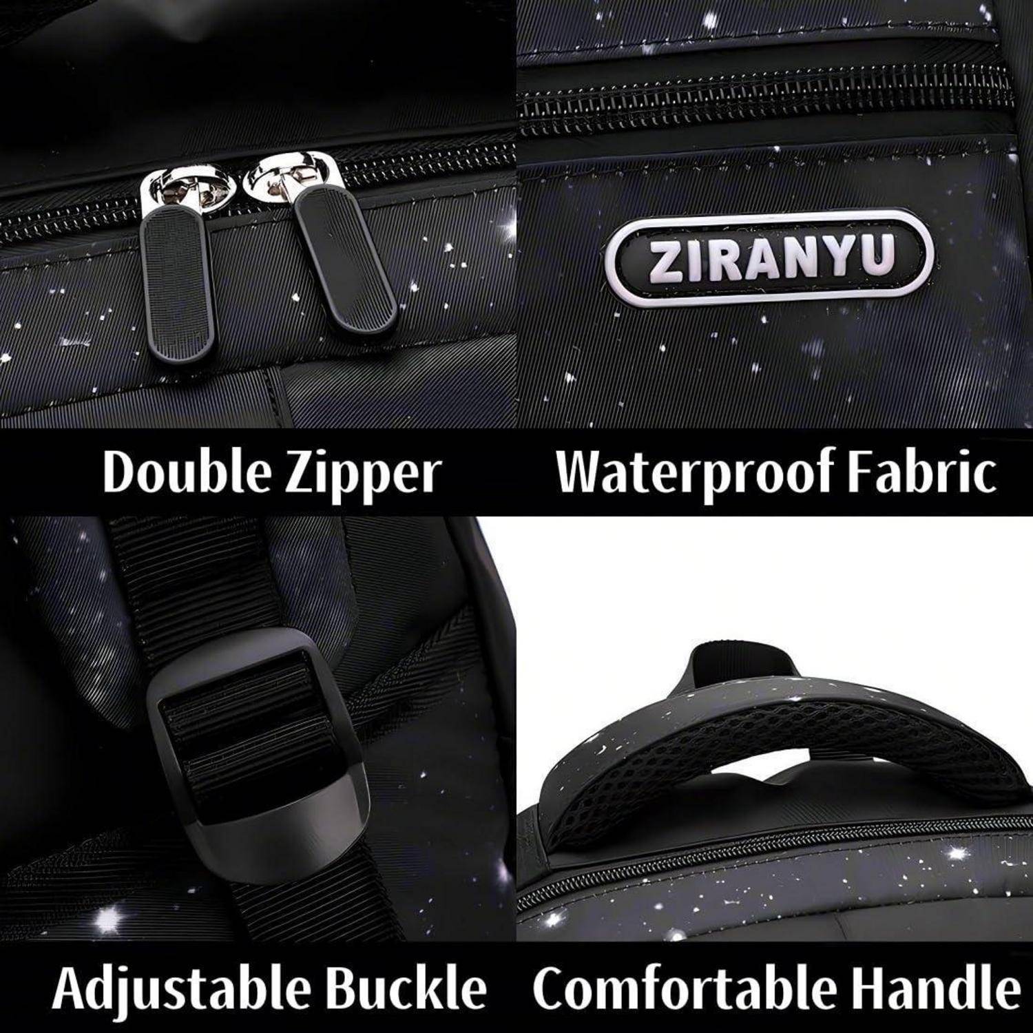 Schwarze ZIRANYU-Tasche Nahaufnahme mit Doppelreißverschluss, wasserdichtem Stoff, verstellbarem Verschluss und komfortablem Griff.