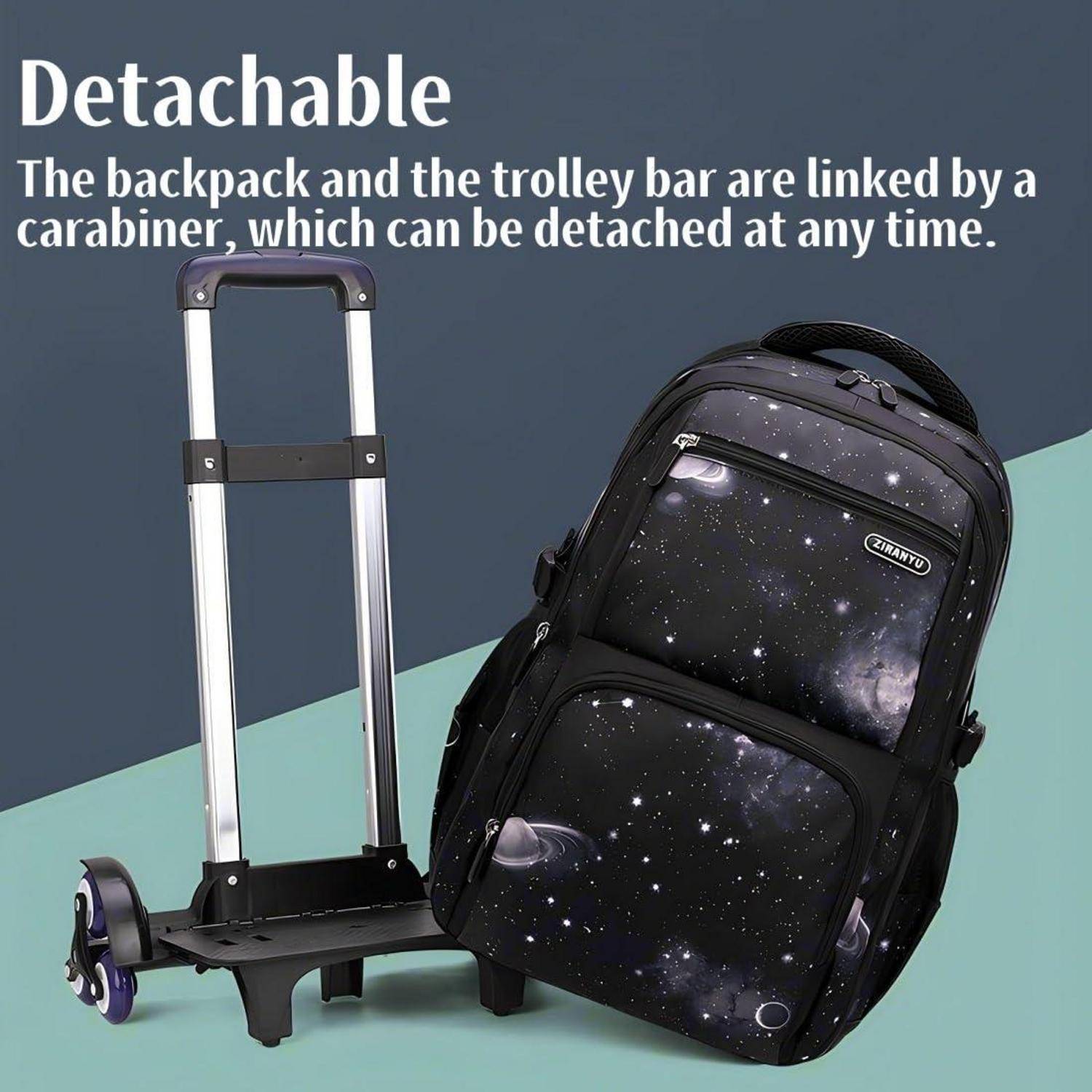 Anzeige für einen abnehmbaren Rucksack und Trolleystab, die durch einen Karabiner verbunden sind, wobei ein Rucksack mit Galaxie-Muster an einem Räderrahmen befestigt ist.