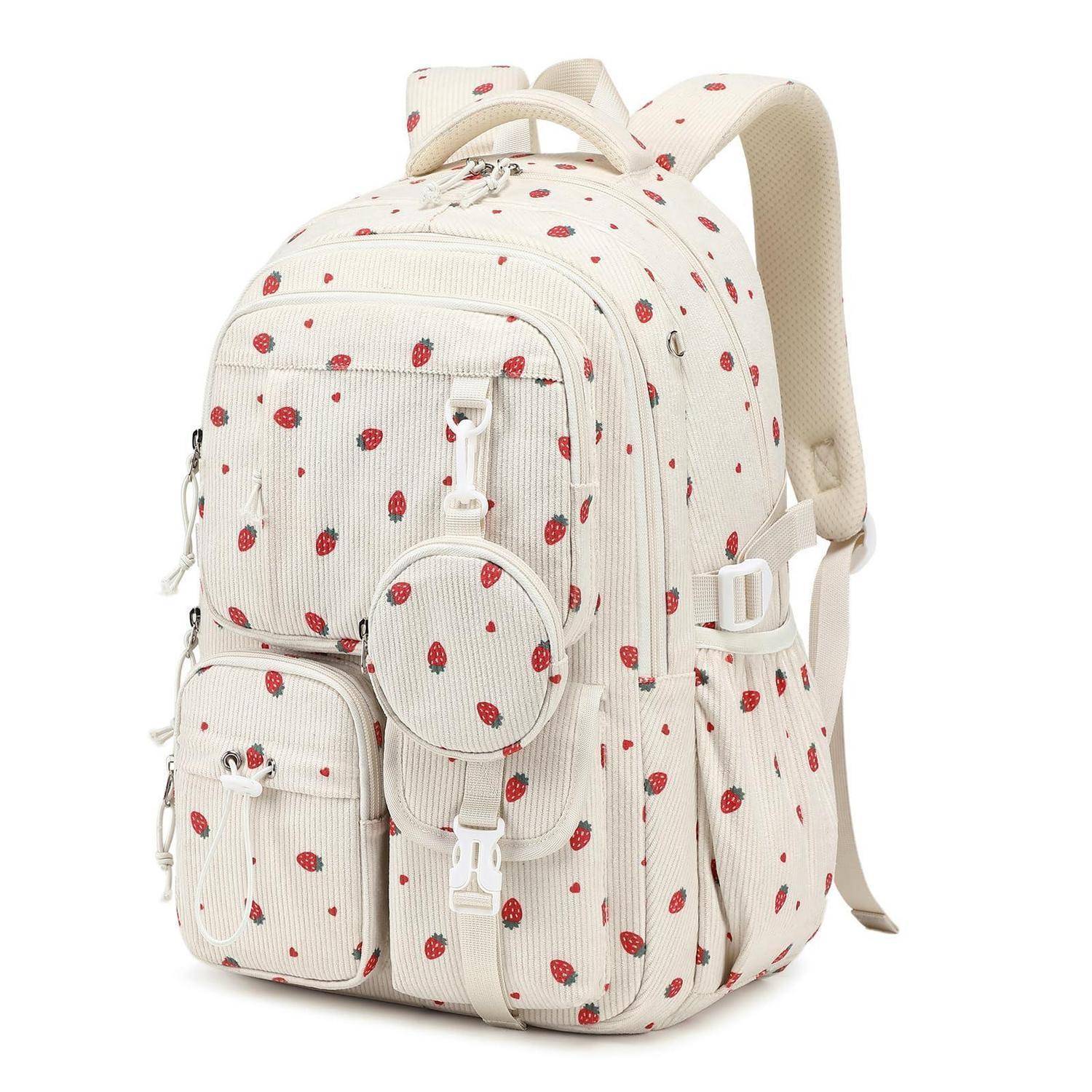 Cremefarbener Rucksack mit rotem Erdbeeraufdruck, mehrere Reißverschlusstaschen, vordere Tasche, seitlicher Flaschenhalter und gepolsterte Schultergurte auf weißem Hintergrund.