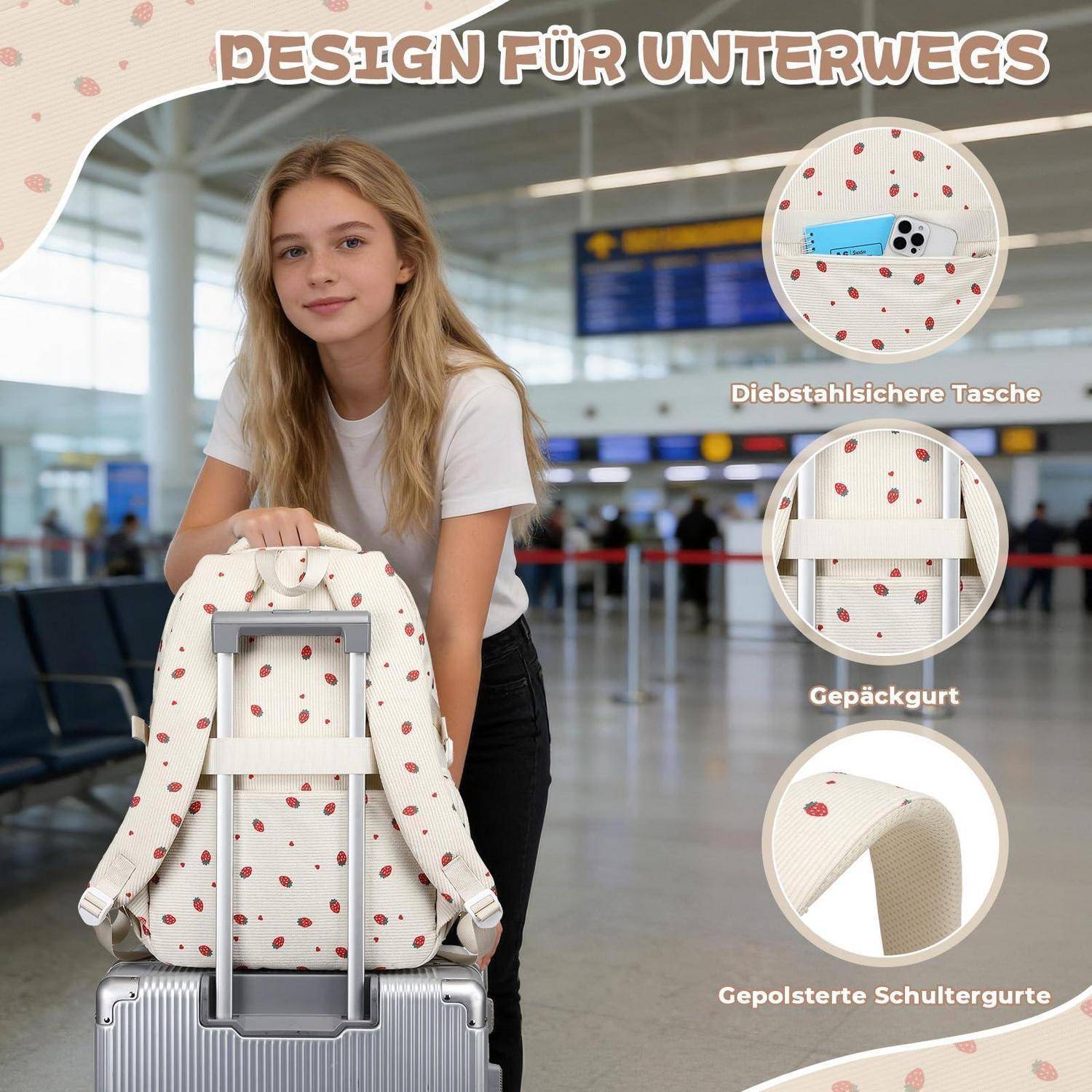 Teenagerin am Flughafen präsentiert einen Rucksack mit Punktmuster über einem Koffer; Beschriftungen heben die diebstahlsichere Tasche, den Koffergurt und die gepolsterten Schultergurte hervor.