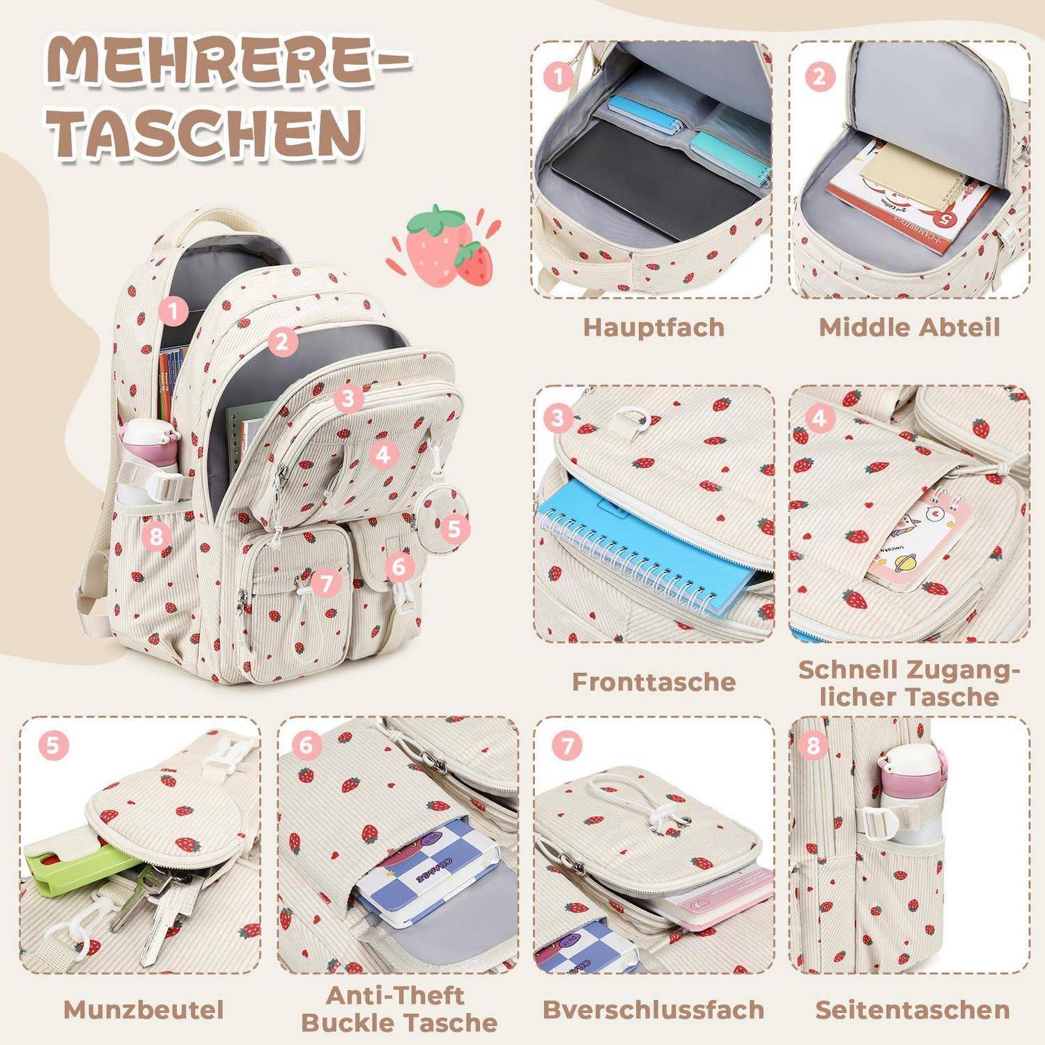 Illustrierter Erdbeerdruck-Rucksack mit der Bezeichnung „Mehrere-Taschen