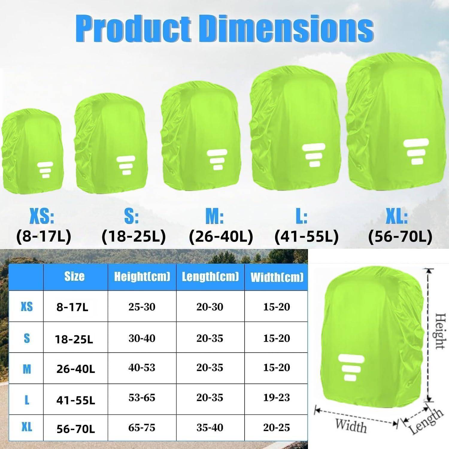 Produktabmessungen für eine grüne Rucksack-Regenschutzhülle mit den Größen XS bis XL mit Literangaben und Höhen-, Längen- und Breitenmessungen.