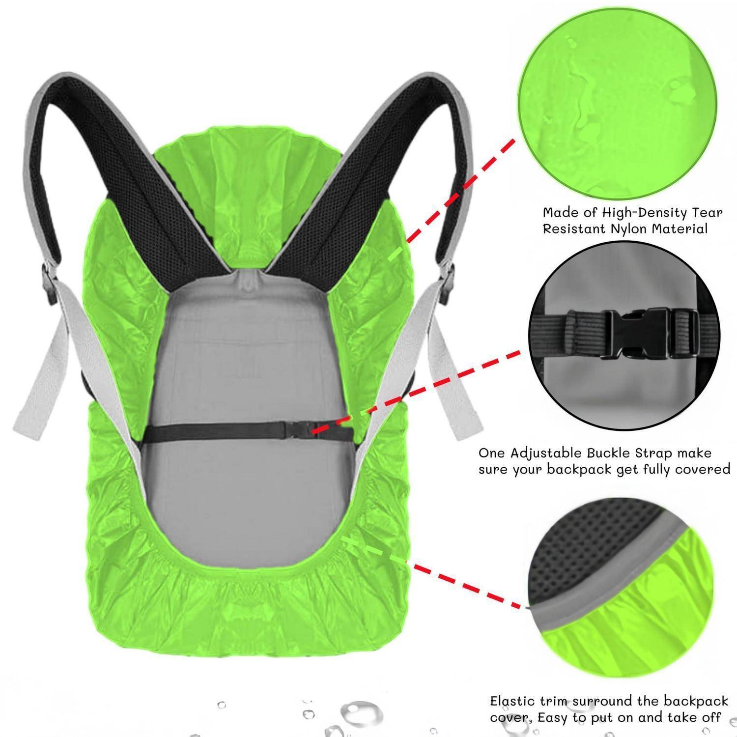Grüner Nylon-Rucksack-Regenschutz mit verstellbaren Schnallengurten, gezeigt mit Nahaufnahmen, die das reißfeste Material, die Schnalle und die elastische Einfassung hervorheben.