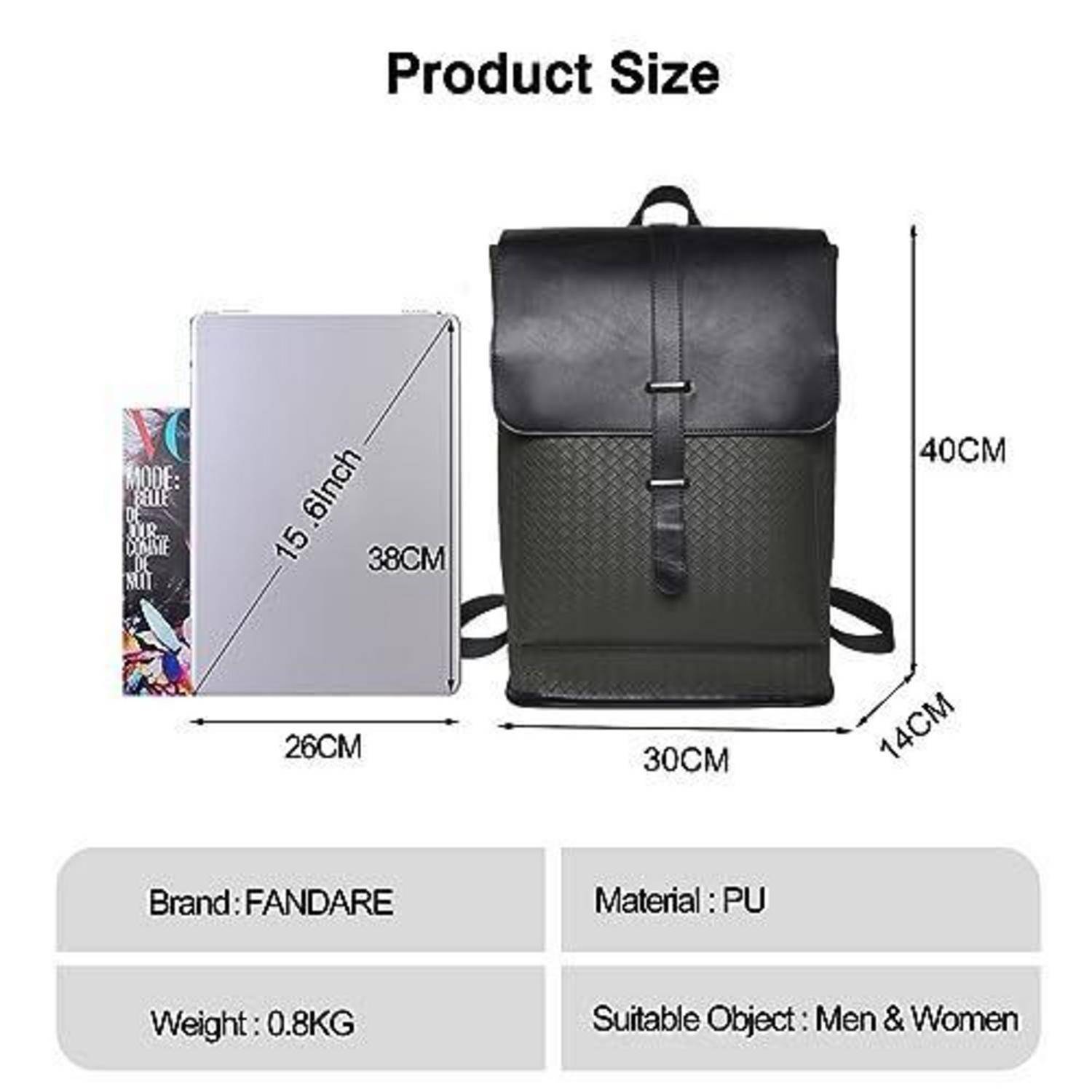 Größentabelle für einen FANDARE PU-Rucksack: 40 cm hoch, 30 cm breit, 14 cm tief; passt für Männer und Frauen, wiegt 0,8 kg.