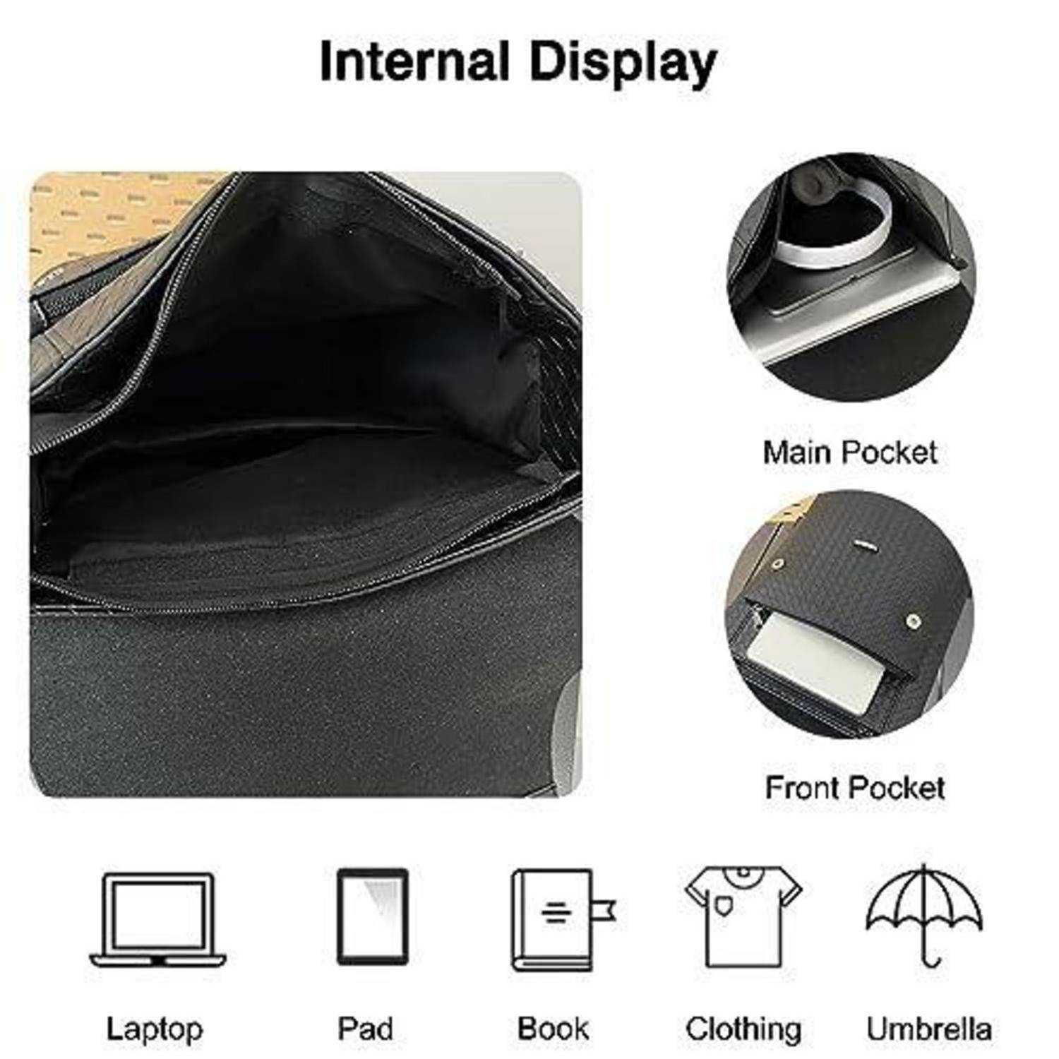 Diagramm einer internen Taschendarstellung mit einer Haupttasche und einer Vordertasche, mit Symbolen, die anzeigen, dass sie einen Laptop, Tablet, Buch, Kleidung und einen Regenschirm aufnehmen kann.