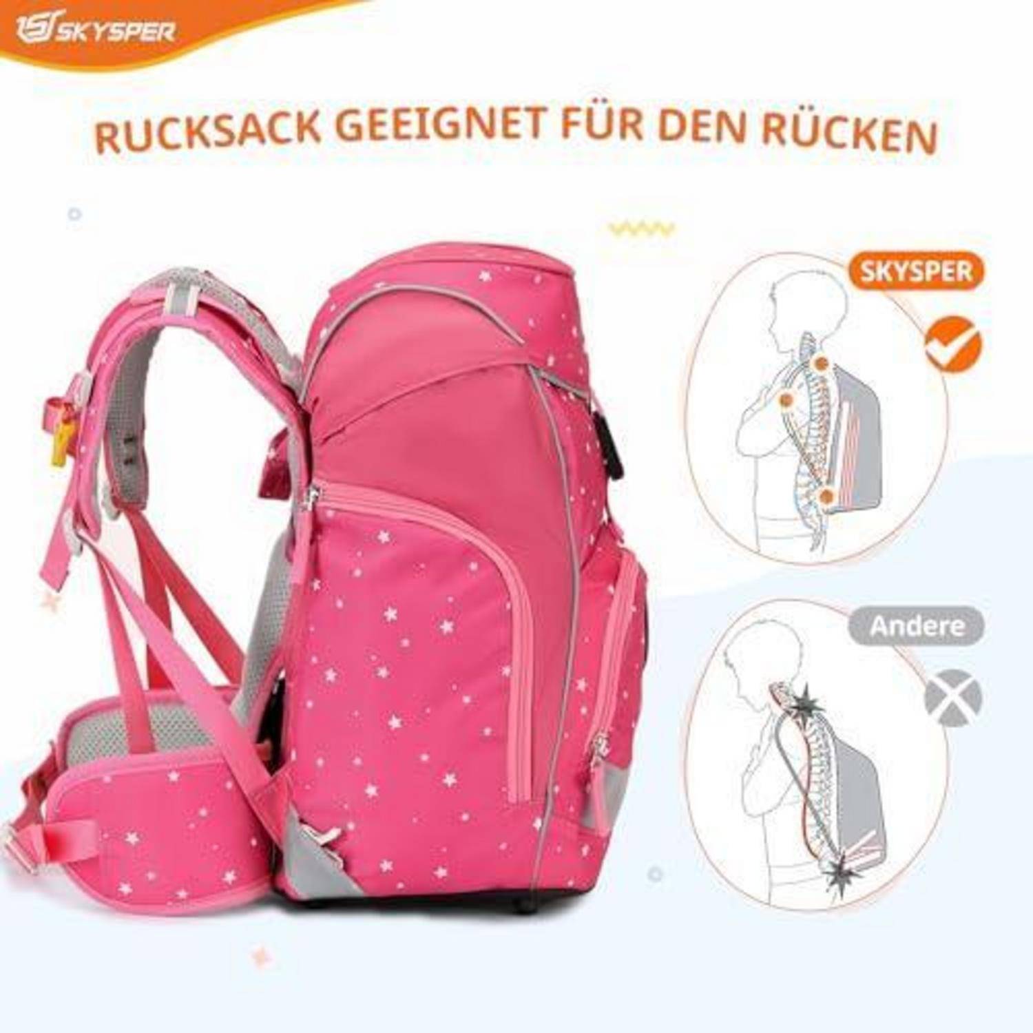 Pinker SKYSPER Rucksack und passende Tasche mit Text 