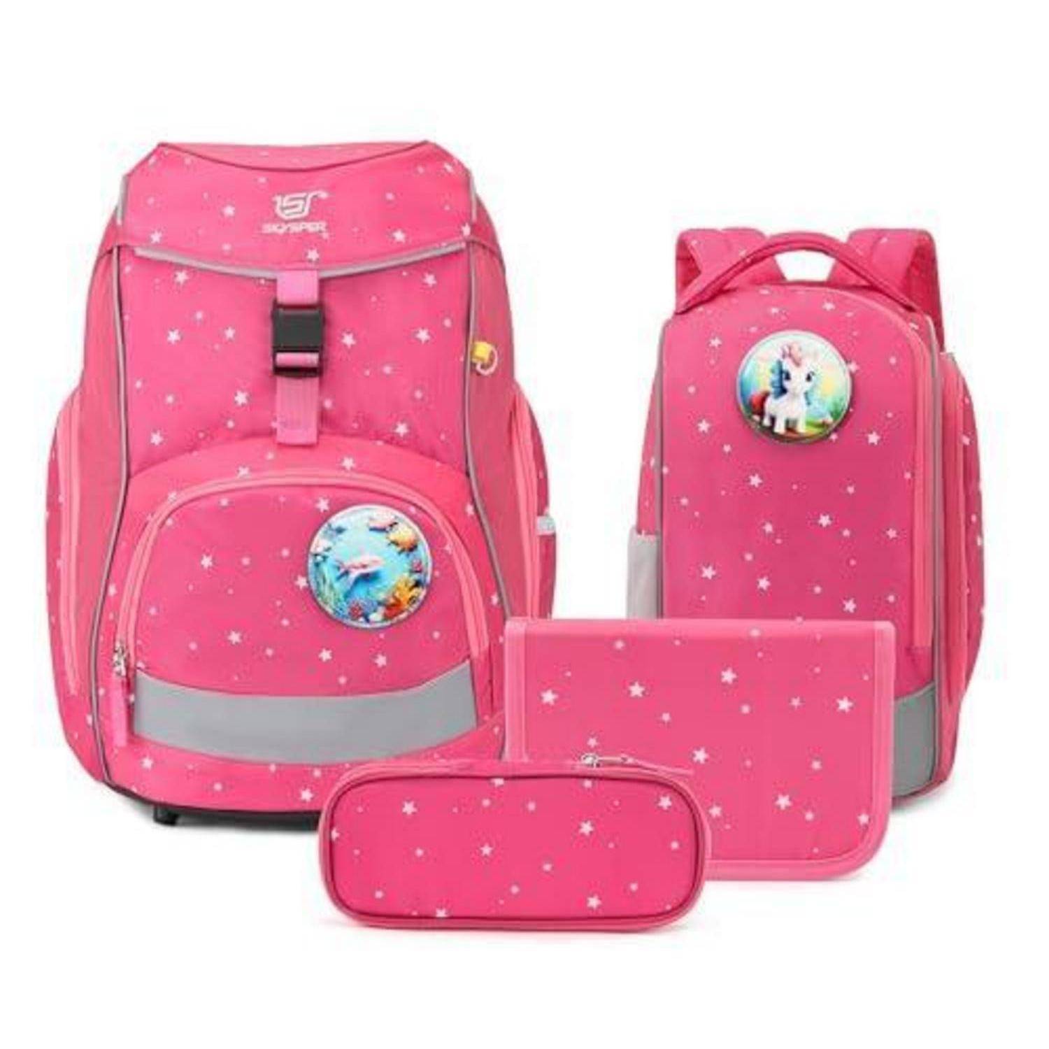 Rosa Schulrucksack-Set mit Sternenmuster, bestehend aus einem großen Rucksack, einem kleineren Rucksack, einer Mappe und einem Federmäppchen.