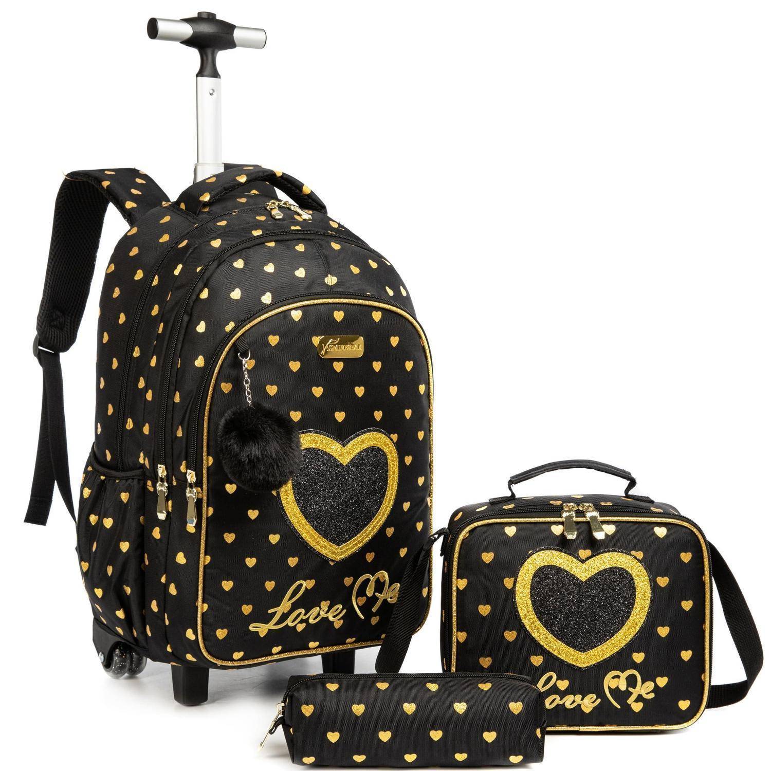 Schwarz-goldener Rollrucksack-Set mit Herzmuster und passender Lunchbox sowie Federmäppchen, mit „Love
