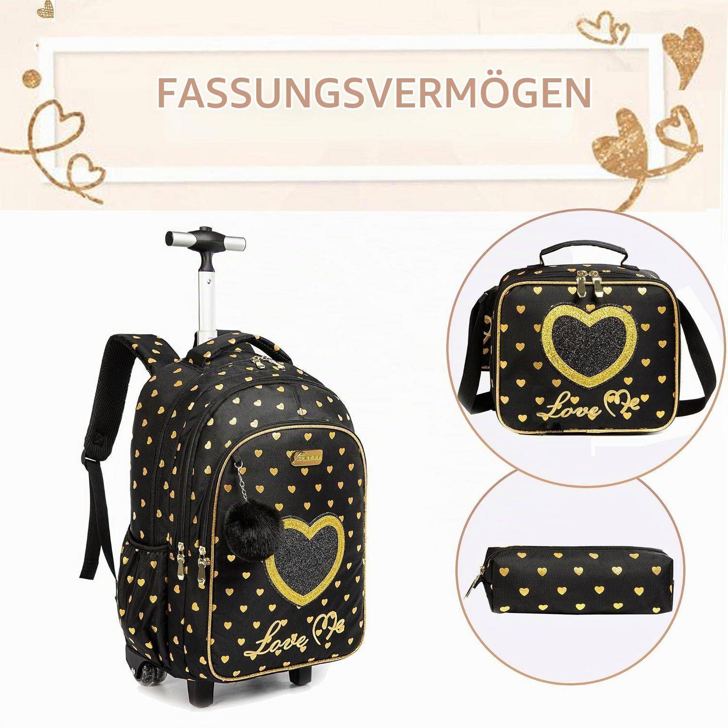 Schwarzer Rucksack mit Rädern, goldenem Herz und „Love