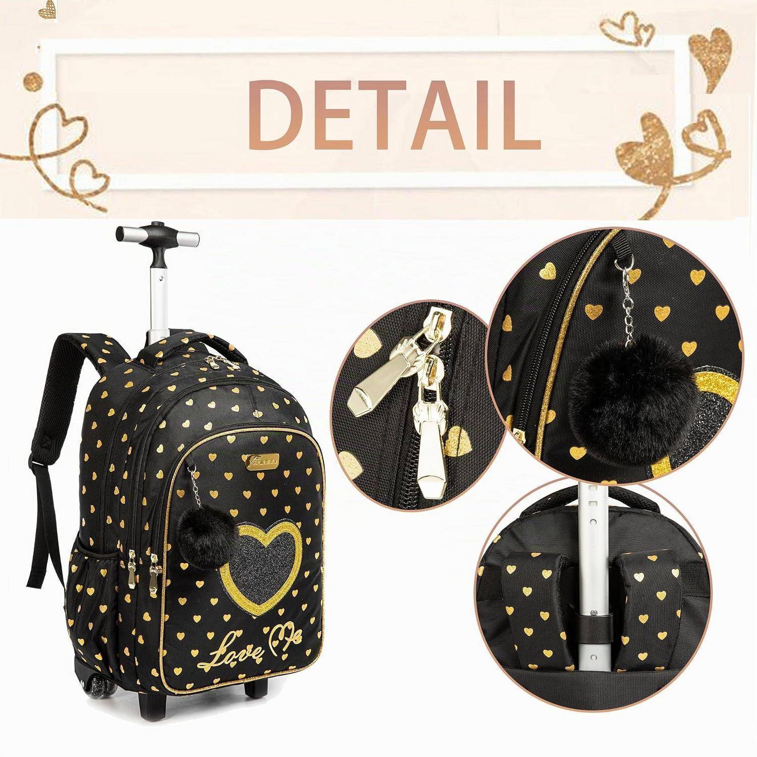 Schwarzer Rollrucksack mit goldenem Herzmuster, frontalem Herzgrafik und flauschigem Pompom; eingefügte Nahaufnahmen zeigen Details der Reißverschlussösen und der Trolleyhülse.
