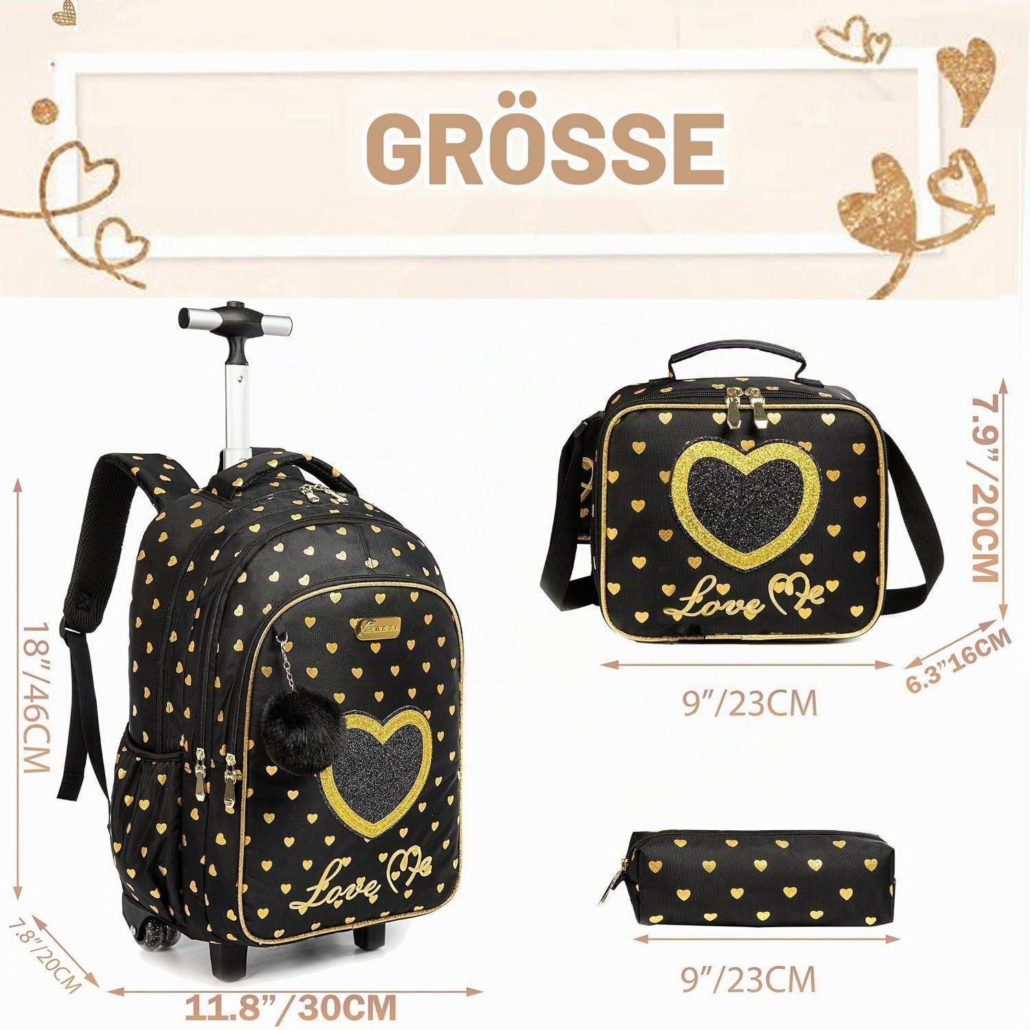Größentabelle mit einem schwarz-goldenen Herzmuster-Rucksack-Set: Rollen-Rucksack 18x11,8x7,8 Zoll, Lunchbox 9x7,9x6,3 Zoll, Federmäppchen 9x3,5 Zoll.