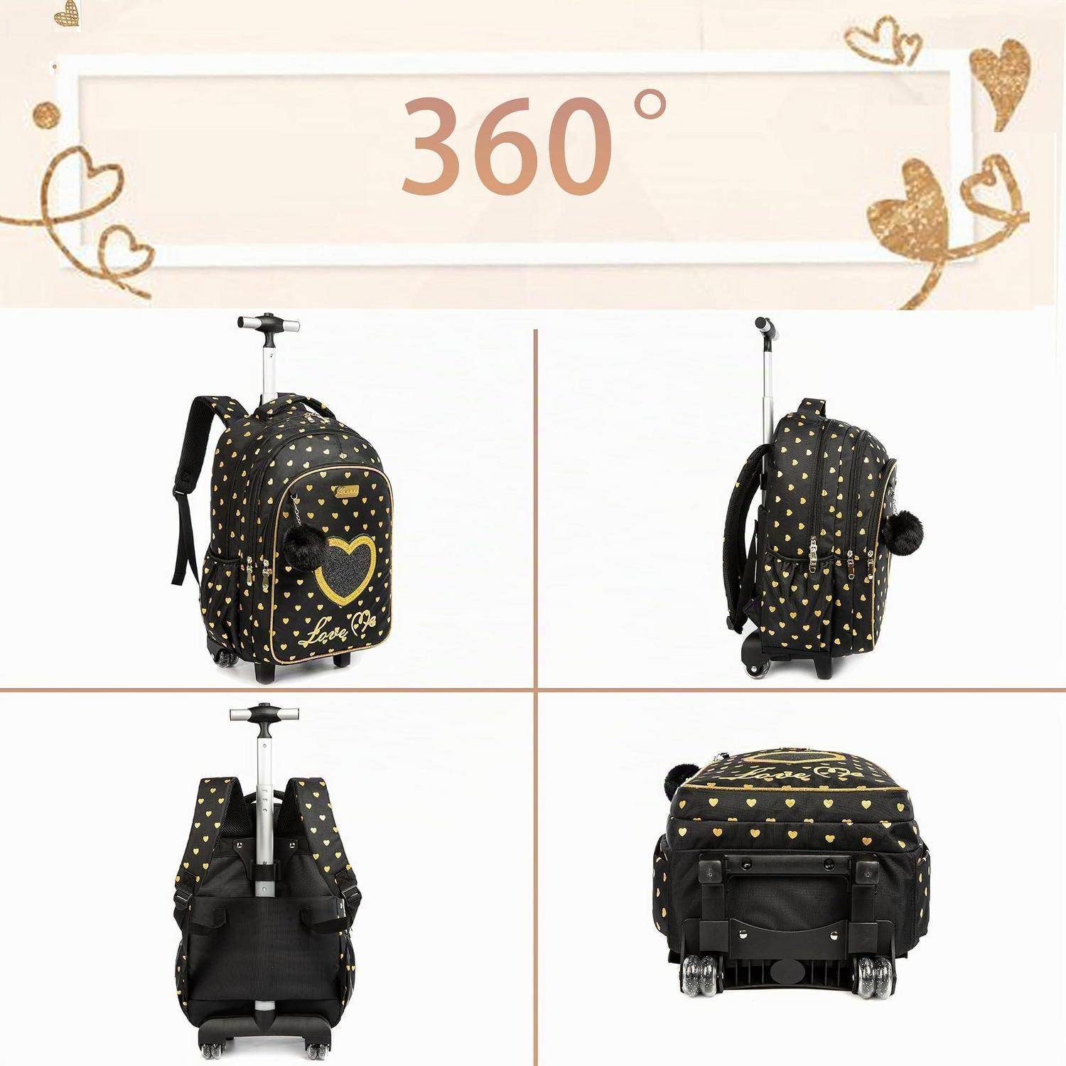 360°-Ansicht eines schwarzen Rucksacks mit Rollen und goldenem Herzmuster, gezeigt von vorne, von der Seite, von hinten und von unten, um die Funktionen und Rollen anzuzeigen.