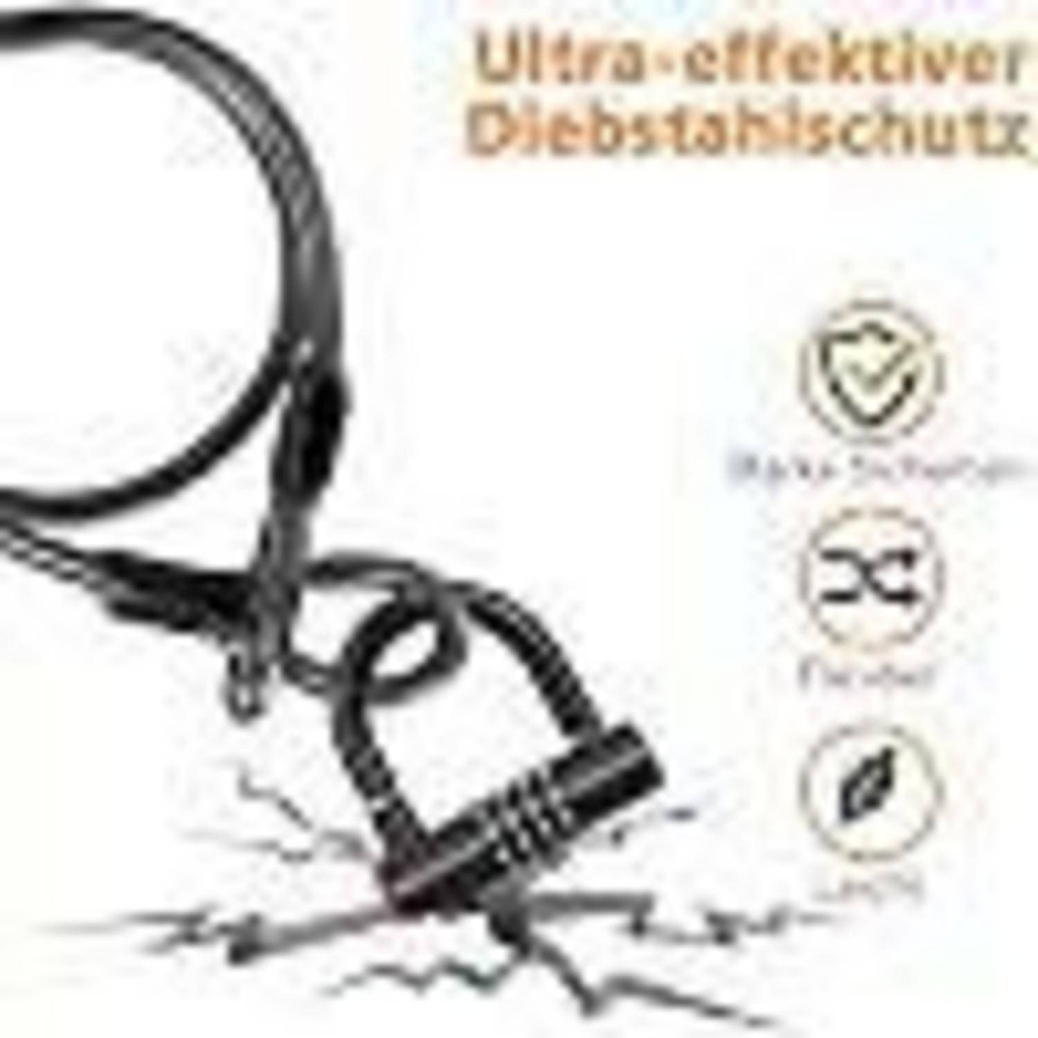 Nahaufnahme eines schwarzen Kabelschlosses mit aufgewickeltem Kabel und Schlosskopf, beschriftet mit „Ultra-effektiver Diebstahlschutz