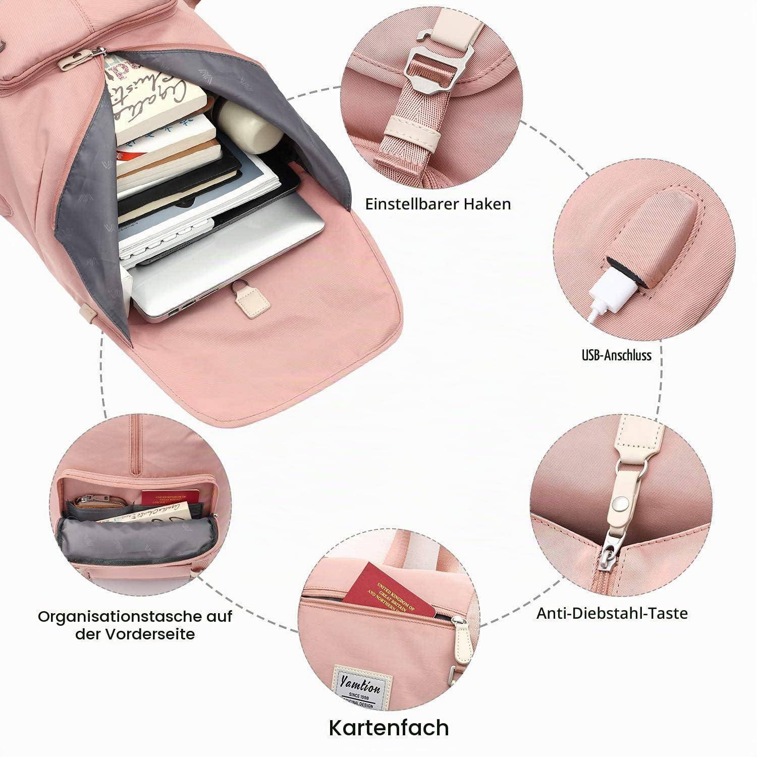 Rosa Rucksack mit Laptopfach und beschrifteten Funktionen: verstellbarer Haken, USB-Anschluss, Diebstahlschutz-Schnalle, vordere Organizertasche und Kartensteckplatz.