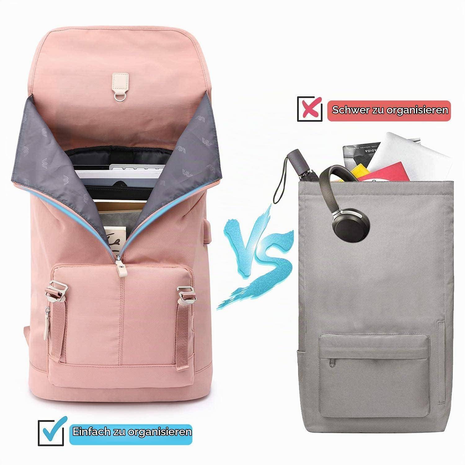 Vergleichsbild mit einem rosa Rucksack mit großer Öffnung mit der Bezeichnung „Einfach zu organisieren" gegenüber einer grauen Tasche mit der Bezeichnung „Schwer zu organisieren"
