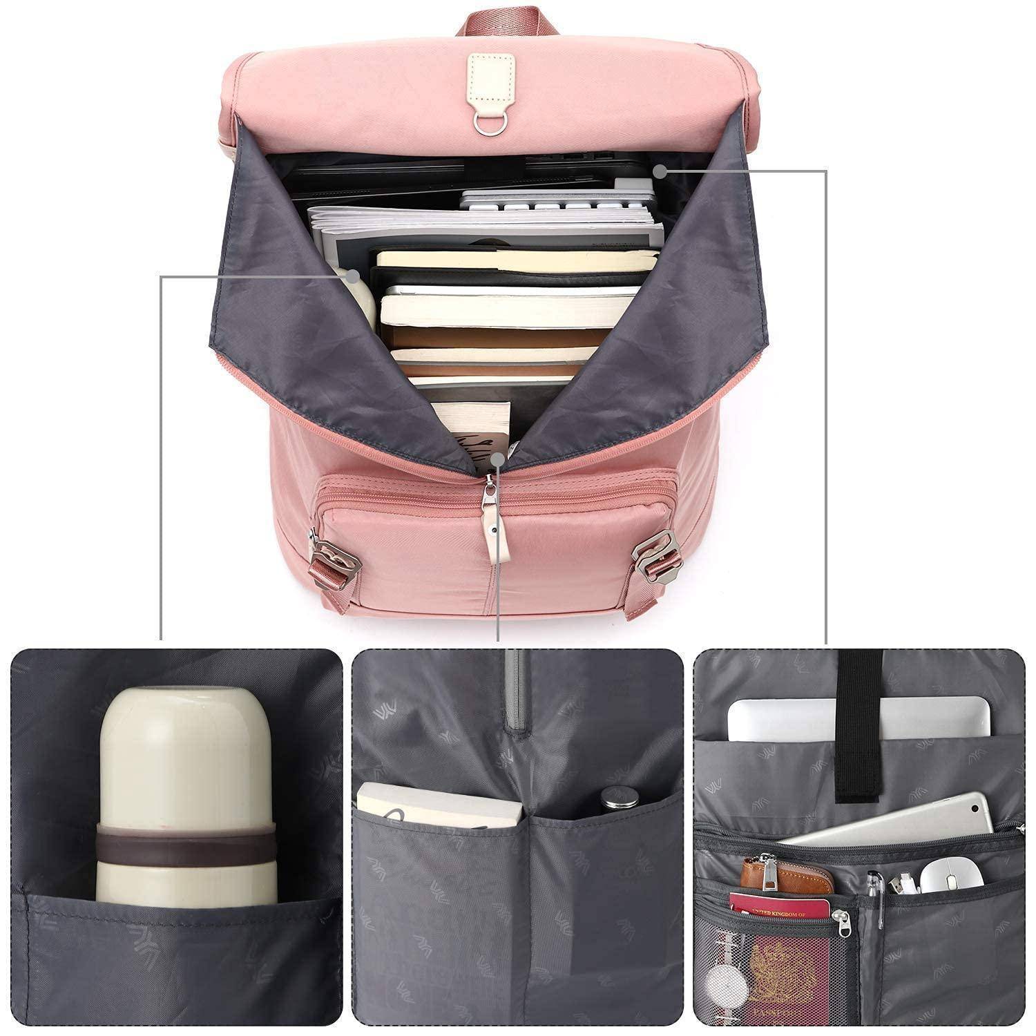 Rosa Rucksack, geöffnet, um organisierte Laptop- und Buchaufbewahrung zu zeigen, mit drei Nahaufnahmen von Innentaschen, die eine Flasche, kleine Gegenstände und Dokumente halten.