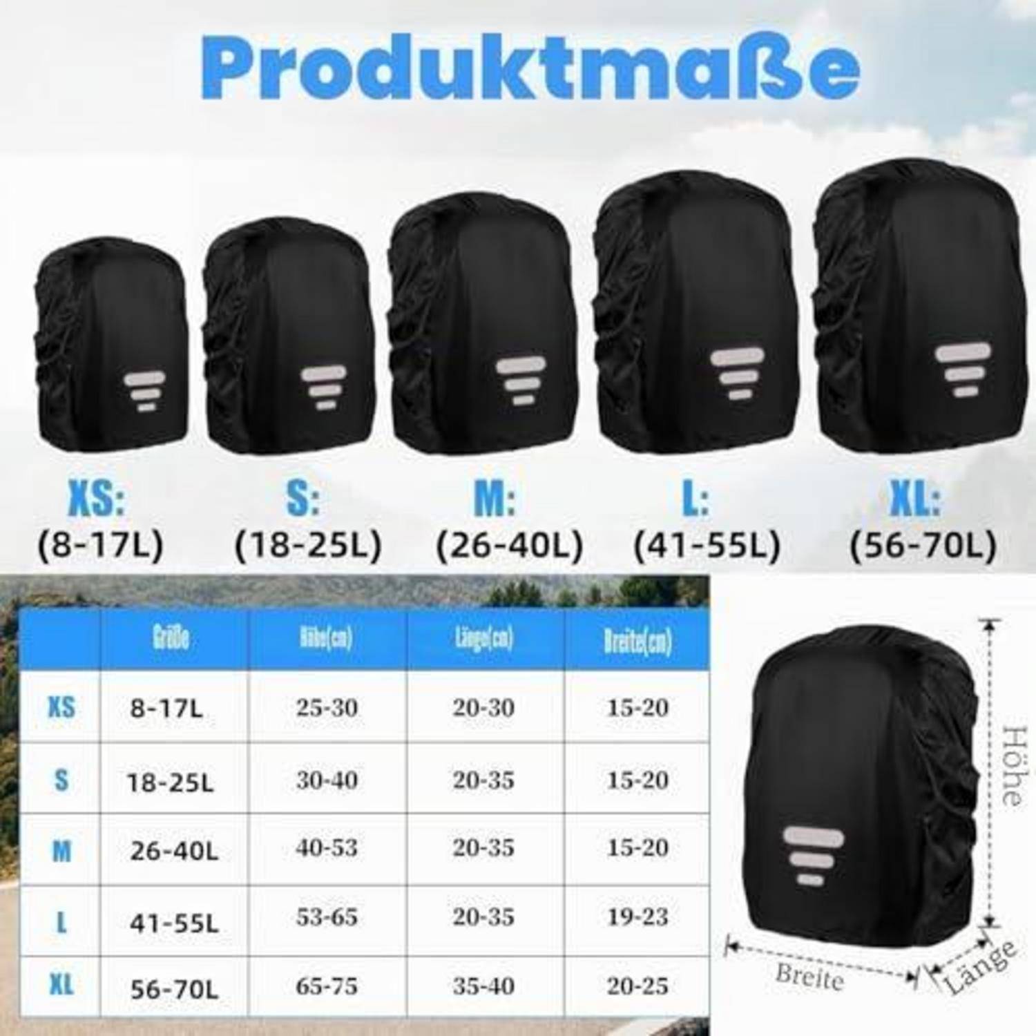 Rucksack Regenhülle wasserdicht mit Reflektor Schwarz M (26-40L)