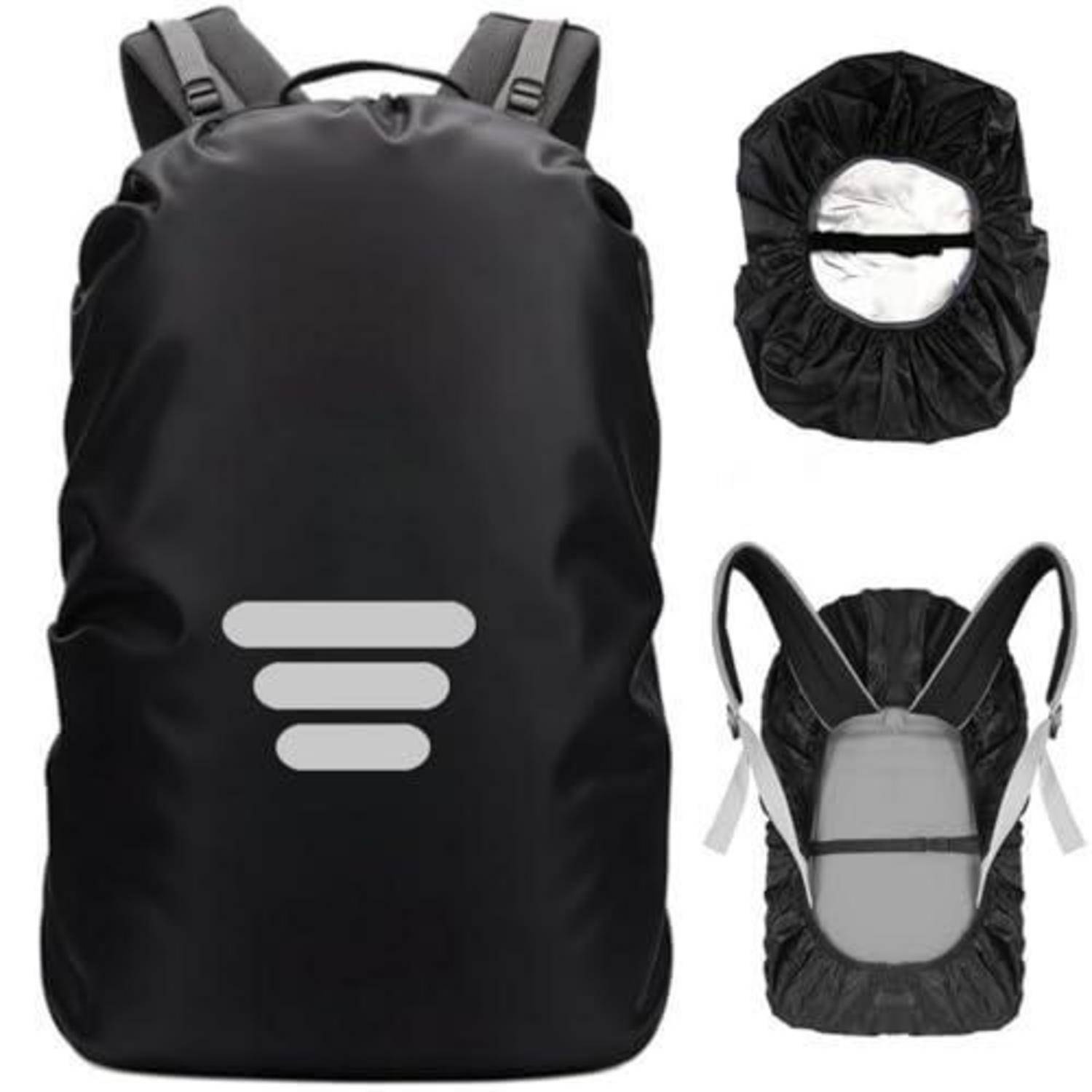 Schwarze Rucksackregenabdeckung mit reflektierenden Streifen, shown front, folded und über einem Rucksack angebracht.