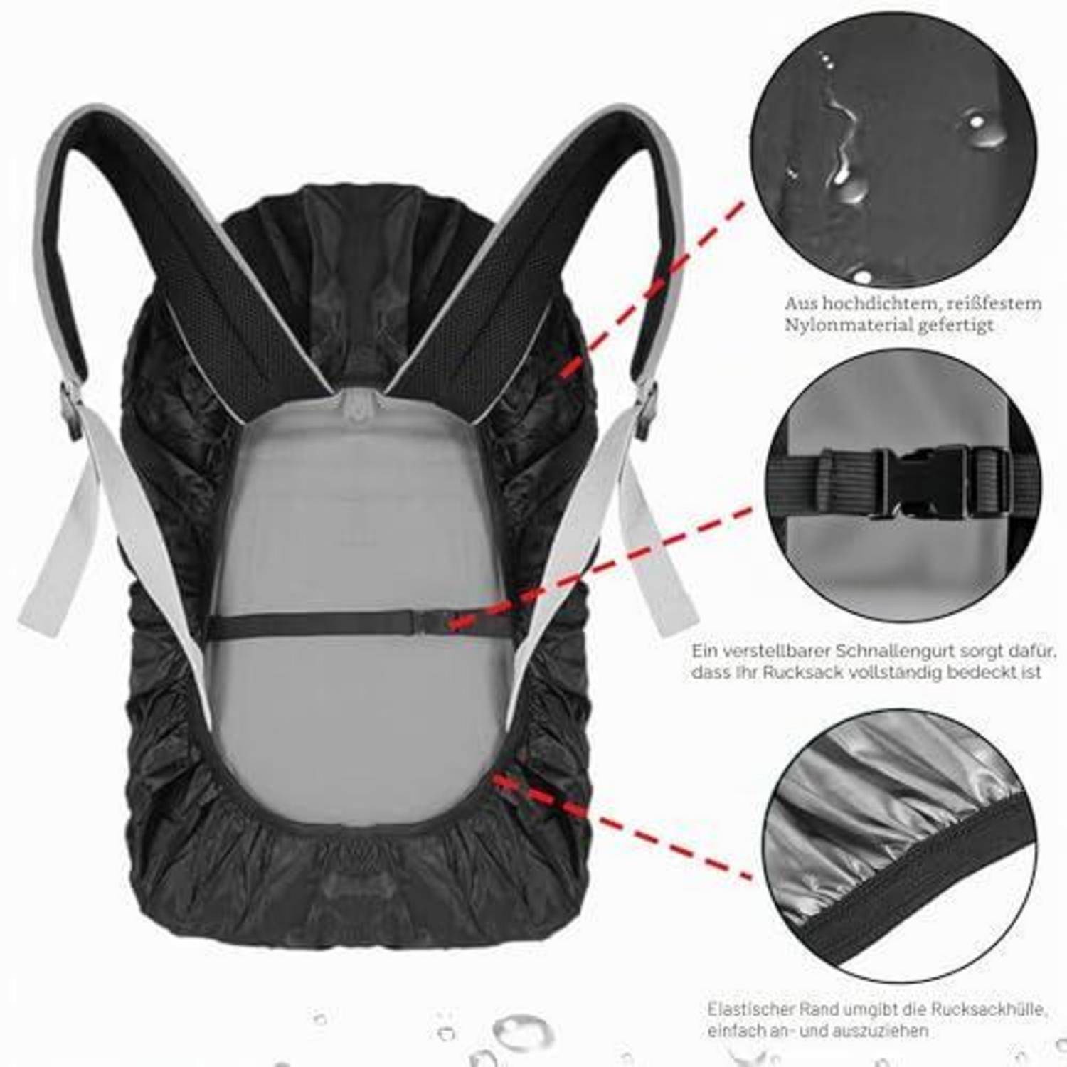 Schwarze wasserdichte Rucksackabdeckung von hinten gezeigt, mit verstellbarem Schnallengurt und elastischem Rand; Beschriftungen heben das langlebige Nylonmaterial und die Passform hervor.