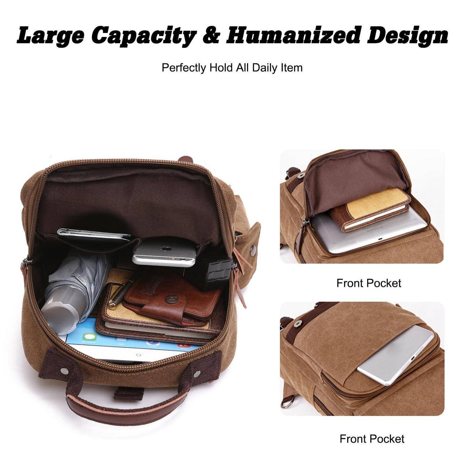 Brauner Rucksack mit großem Hauptfach und Vordertasche, der Tablet, Notizbuch, Telefon, Geldbörse und Wasserflasche hält; Text besagt „Große Kapazität & Humanisiertes Design" und „Passt perfekt zu allen täglichen Gegenständen"