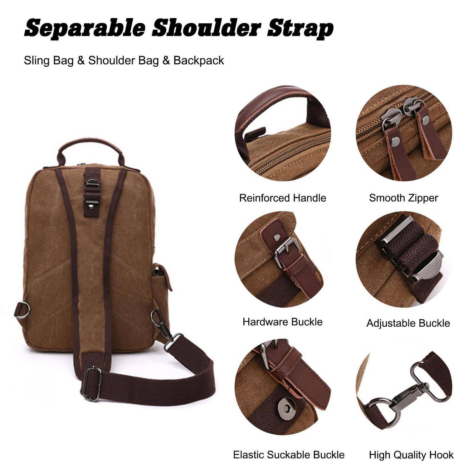Braune Umhängetasche/Rucksack mit abnehmbarem Schultergurt, gezeigt mit Detailausschnitten für verstärkten Griff, sanfter Reißverschluss, Hardware-Schnalle, verstellbare Schnalle, elastische Schnalle und Haken.