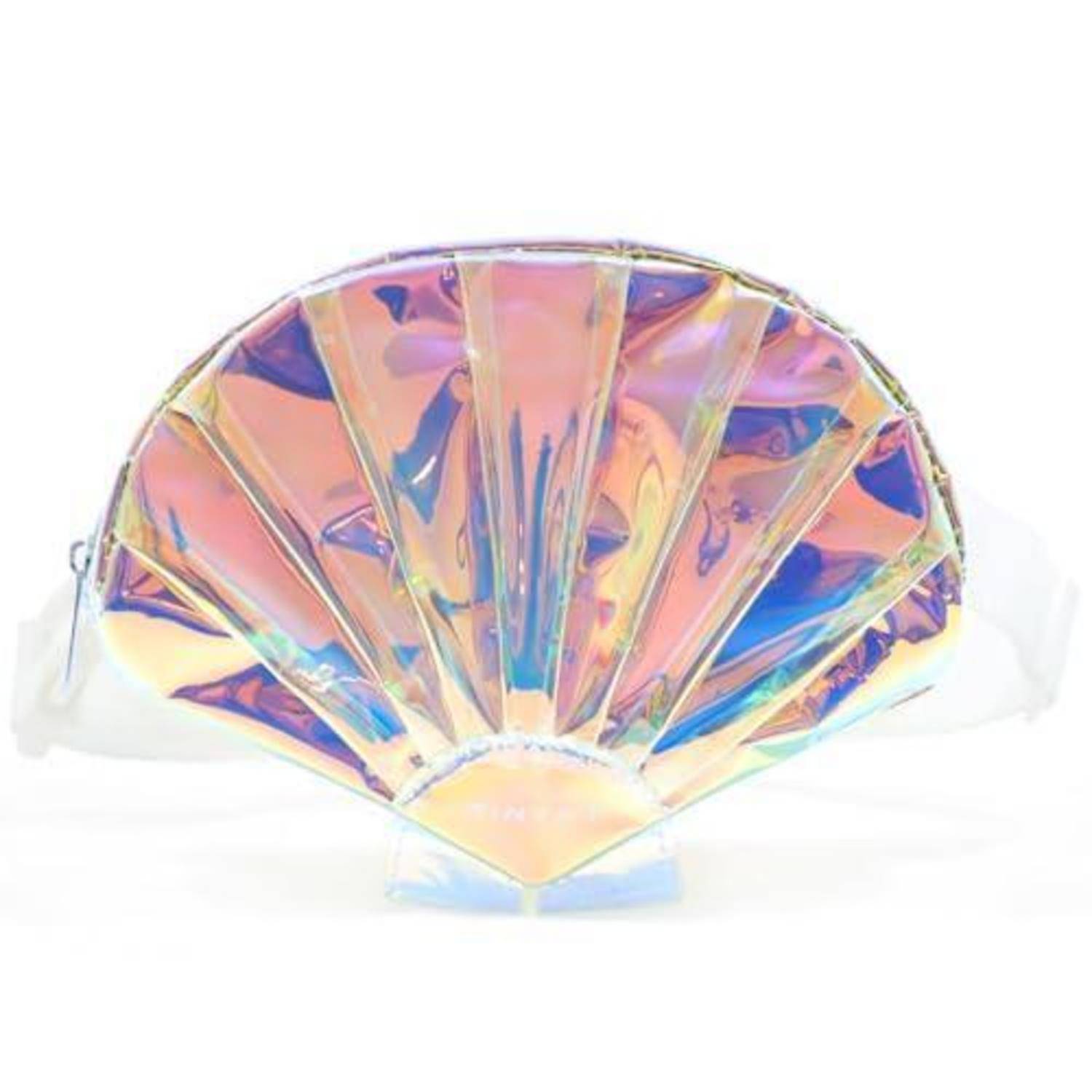 Schillernde muschelförmige Clutch-Geldbörse mit glänzendem, mehrfarbigem holografischem Finish auf weißem Hintergrund.