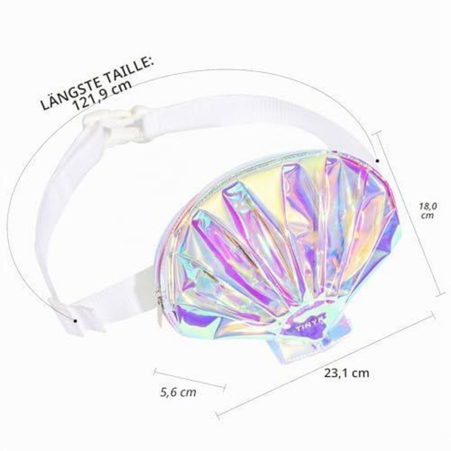Schimmernde holografische fächerförmige Hüfttasche mit weißem verstellbarem Riemen, mit Maßangaben: 23,1 cm breit, 18,0 cm hoch, längster Riemen 121,9 cm.