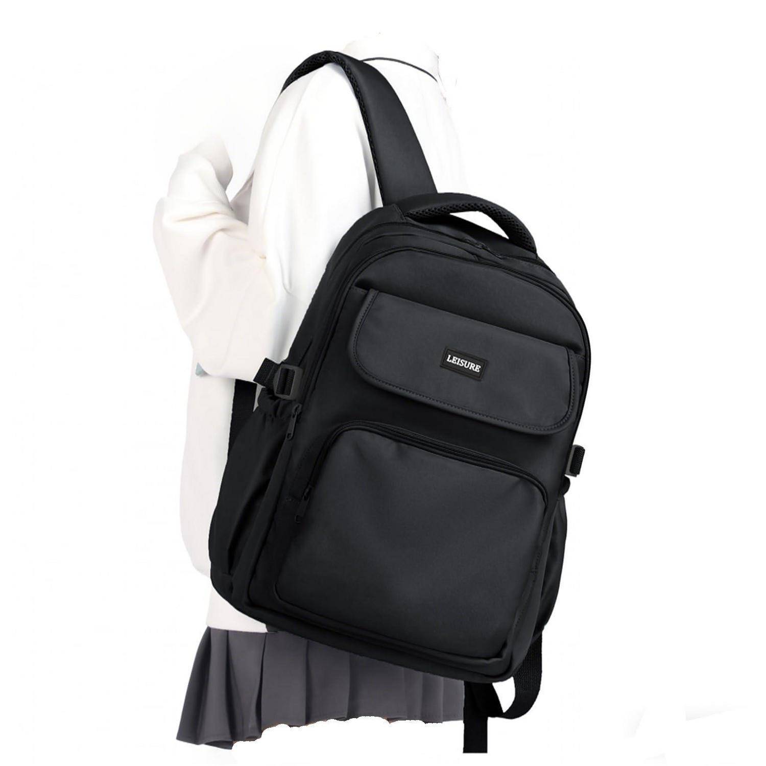 Schwarzer Rucksack mit der Aufschrift „LEISURE