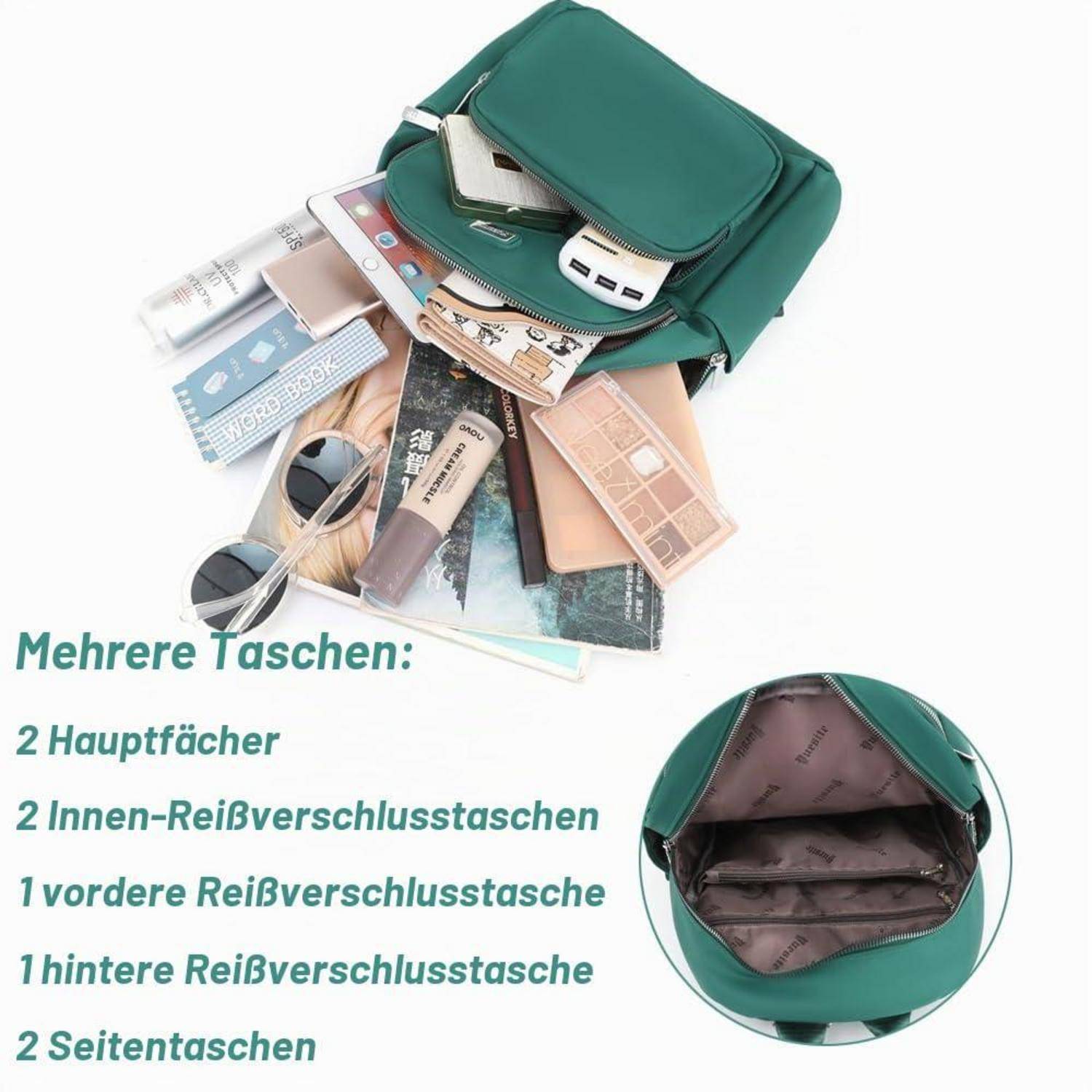 Grüne Handtasche offen gezeigt mit Kosmetika und Sonnenbrillen, die herausfallen; deutscher Text listet mehrere Fächer und Reißverschlusstaschen auf, mit einer Vergrößerung des gefütterten Innenraums.