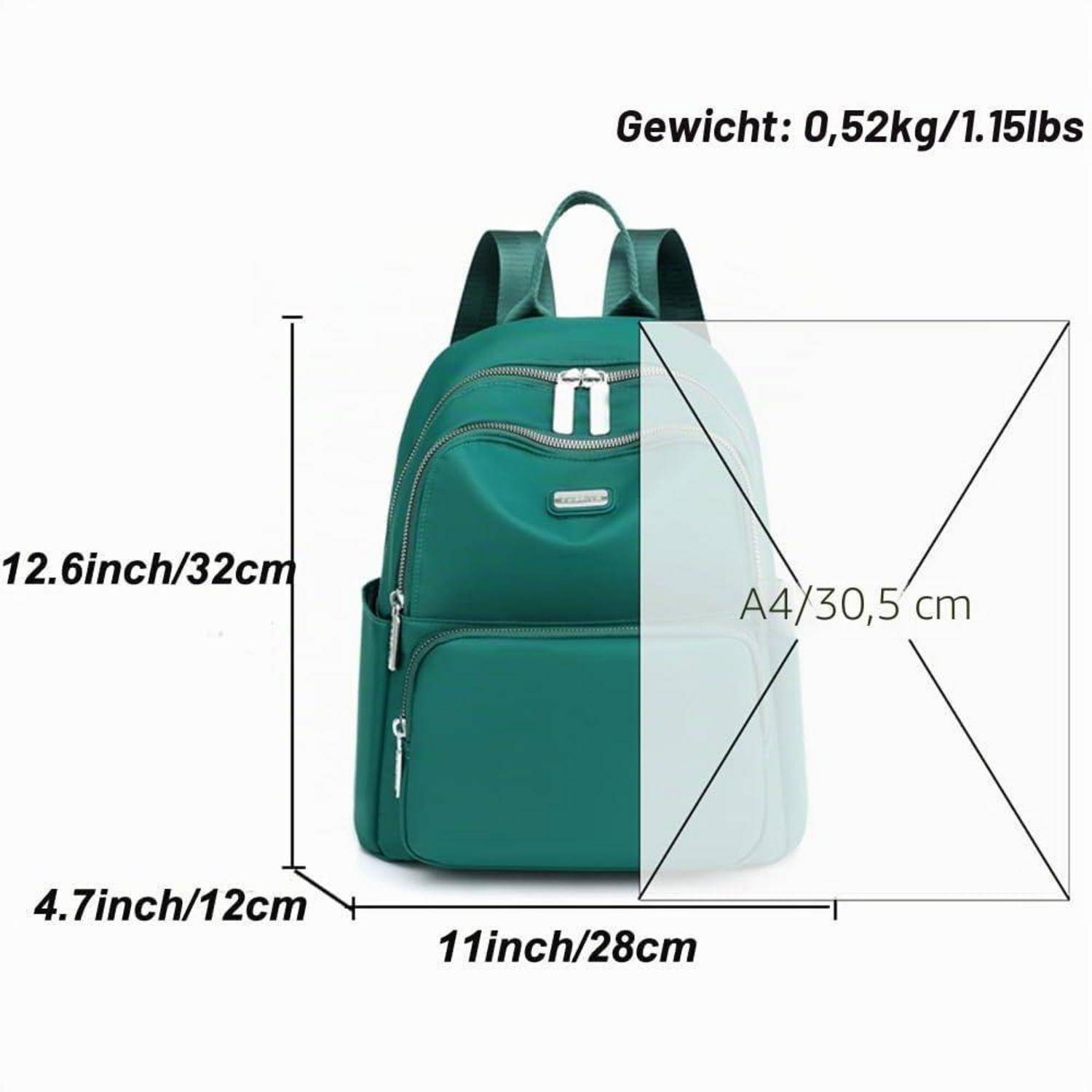 Grüner Rucksack mit den Abmessungen 32 cm hoch, 28 cm breit, 12 cm tief, passt für A4, Gewicht 0,52 kg