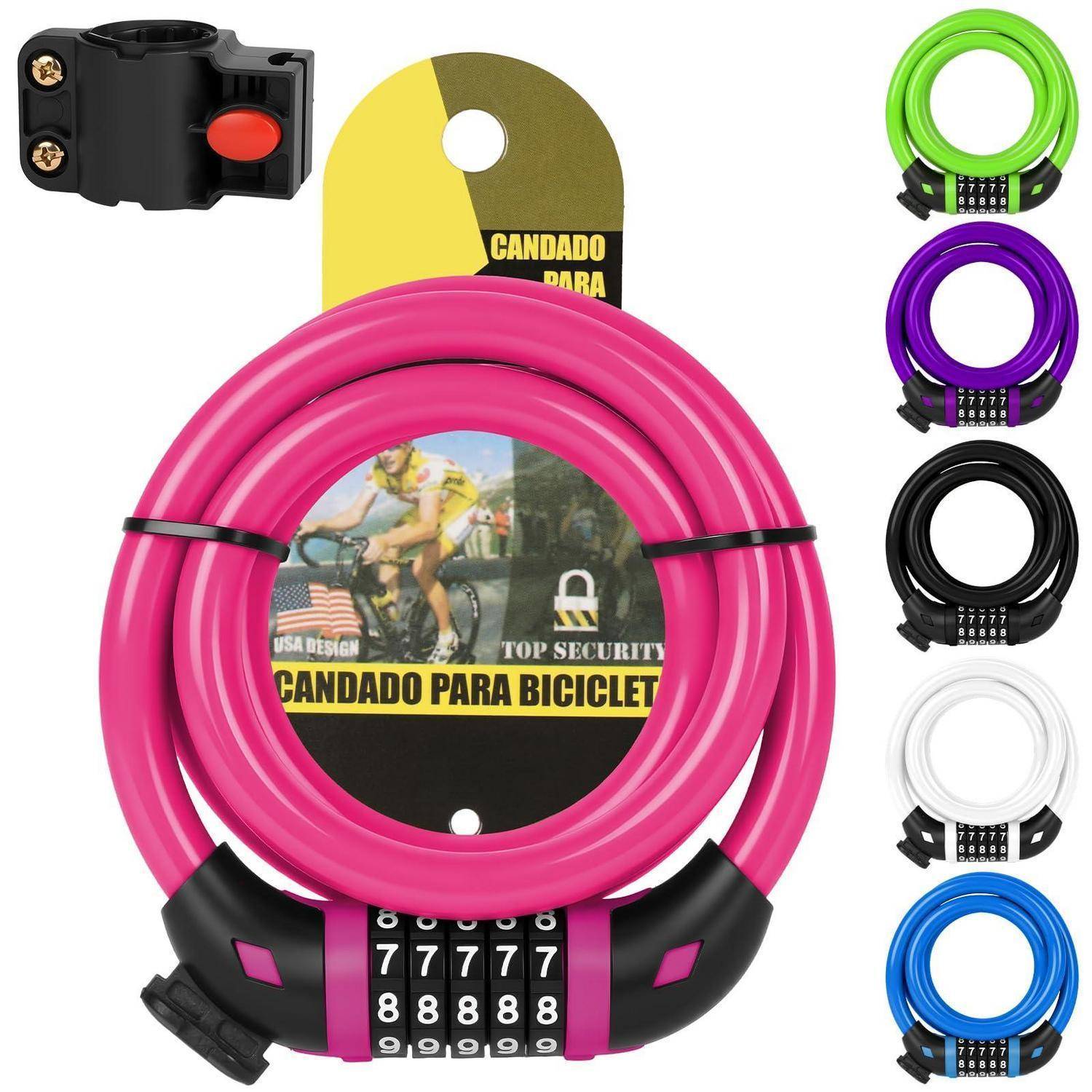 Aufgerolltes Kombinationskabelschloss für Fahrräder in Rosa mit Zahlenkombination und Montageklammer; kleinere Farboptionen rechts dargestellt.
