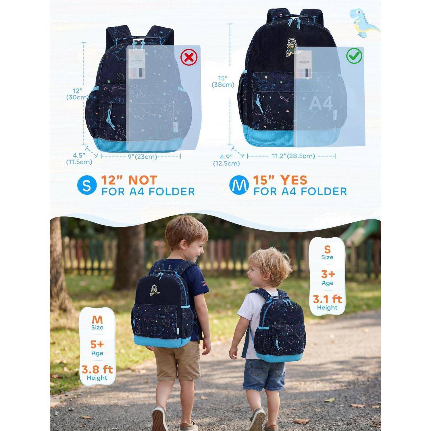 Kindergartenrucksack VASCHY Cord Dinosaurier Marineblau 30cm 2-4 Jahre