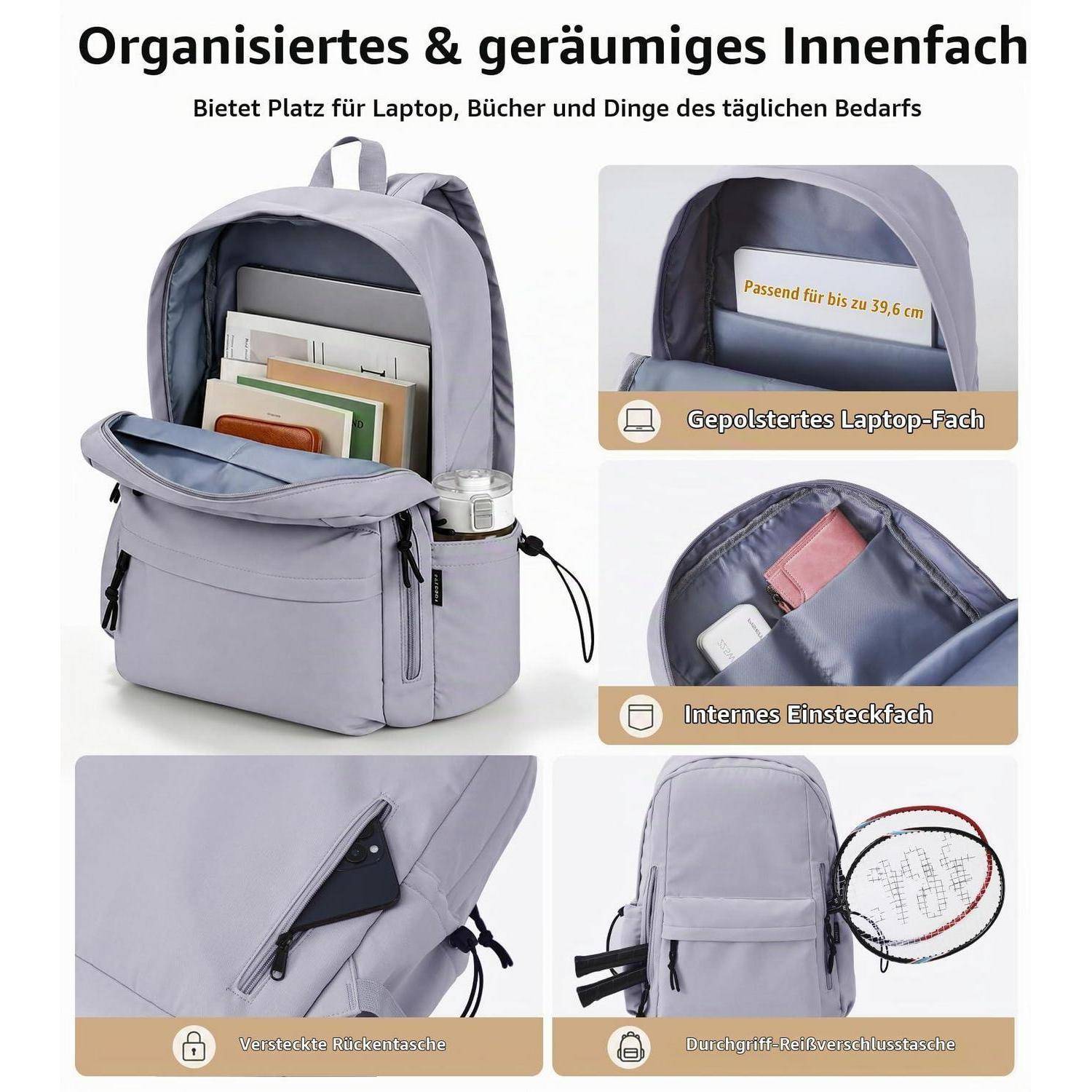 FIORETTO Rucksack Damen 15,6 Zoll Laptopfach mit Regenschutzhaube Grau