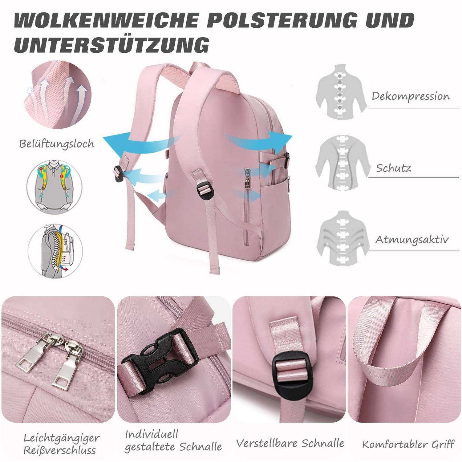 Rosa Rucksack mit Belüftung, Polsterung und Stützfunktionen, plus verstellbare Schnallen, Reißverschluss und Tragegriff, hervorgehoben in detaillierten Nahaufnahmen.