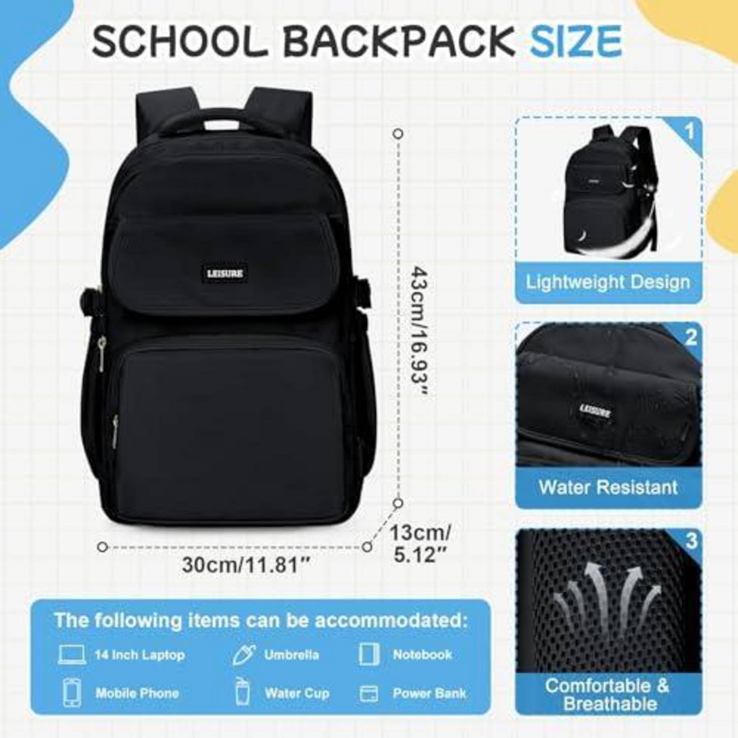 Schulrucksack 14 Zoll Laptop Rucksack wasserabweisend Schwarz