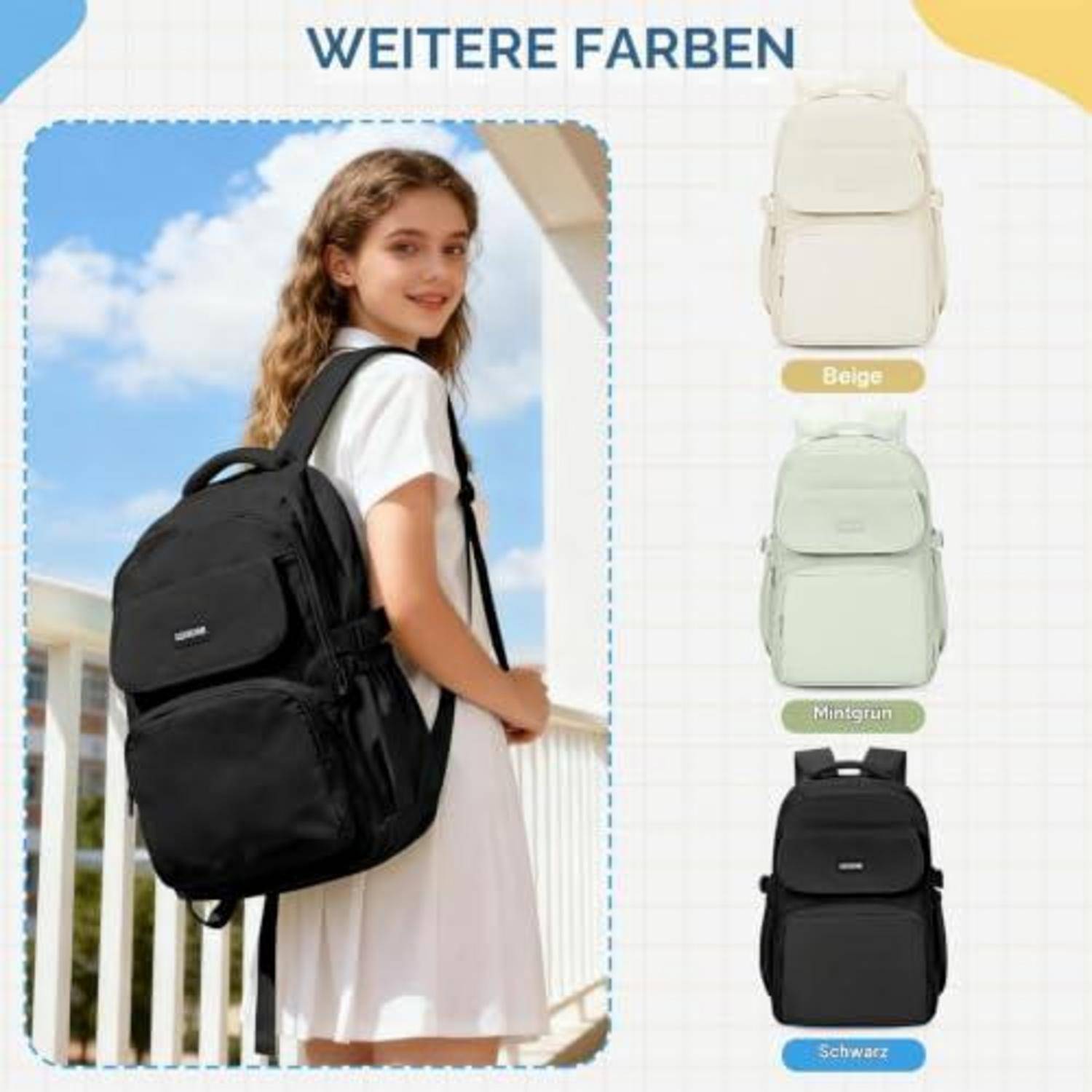 Schulrucksack 14 Zoll Laptop Rucksack wasserabweisend Schwarz