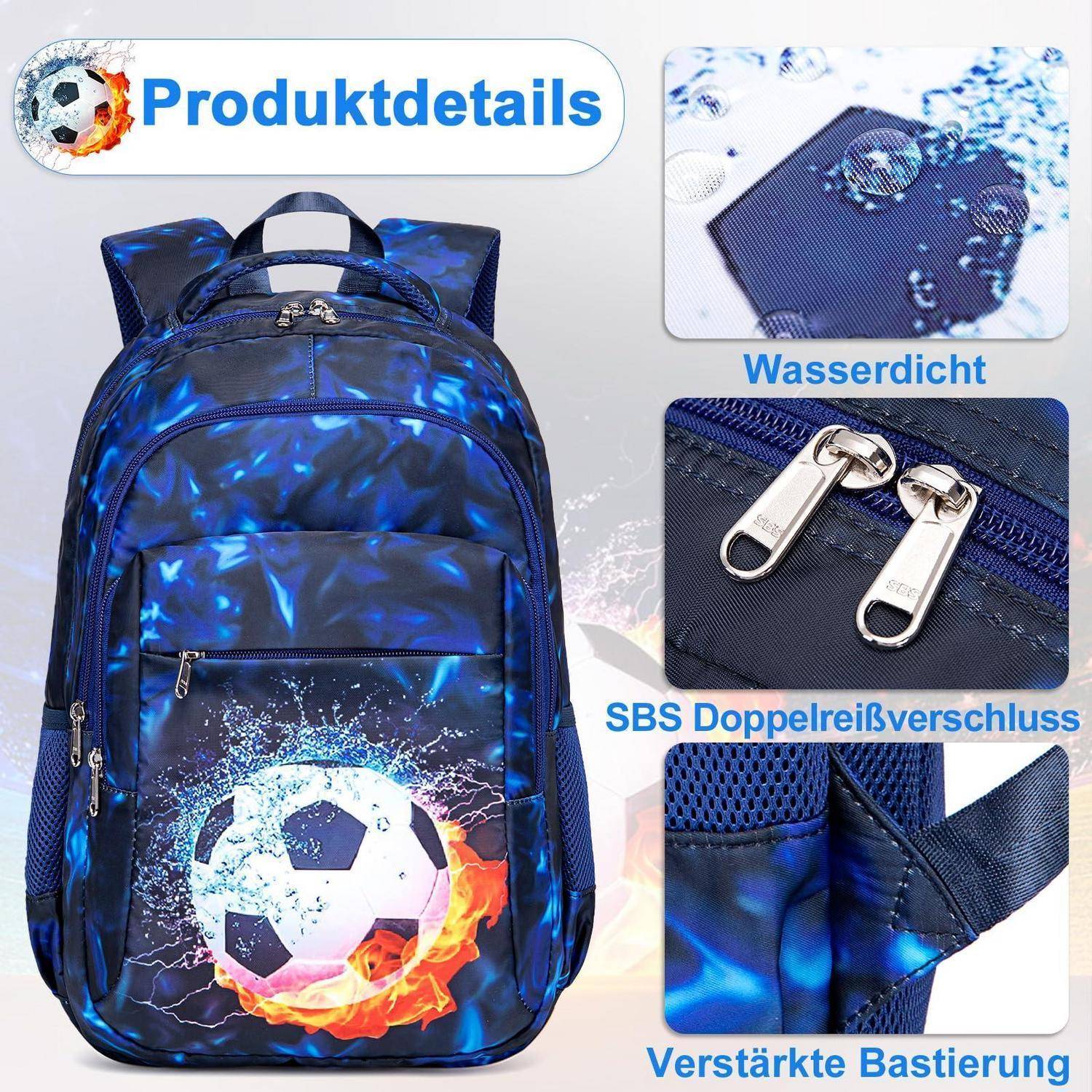 Schulrucksack LEDAOU wasserdicht mit Laptopfach 15 Zoll, 42x31x12 cm, Schwarz Blau