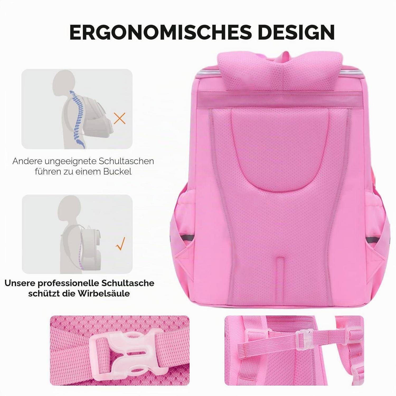 Rosa ergonomischer Schulrucksack mit gepolsterter Unterstützung; der Text besagt, dass ungeeignete Taschen zu Buckelbildung führen, dieser hier schützt die Wirbelsäule.