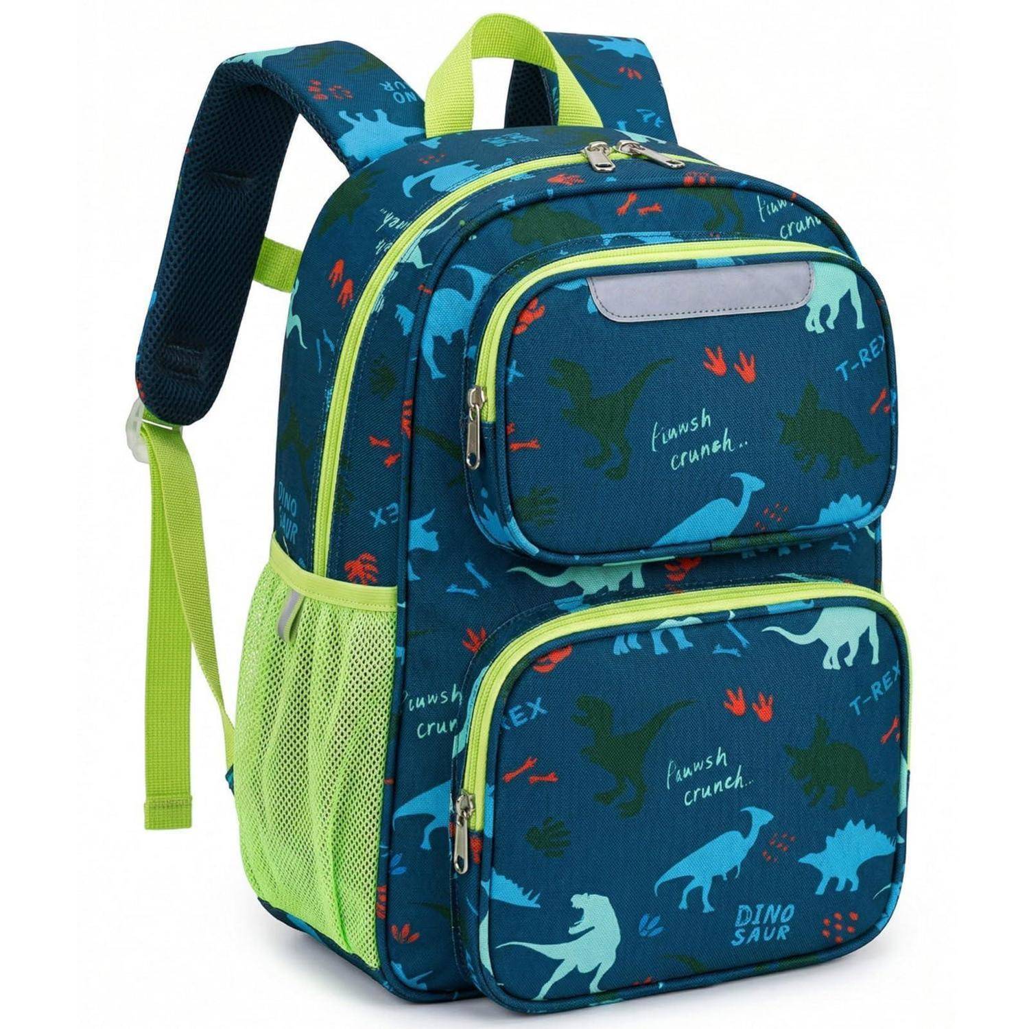 Kinderrucksack 15L, Jungen, Grün, Dinosaurier, Wasserabweisend, Reflektierend