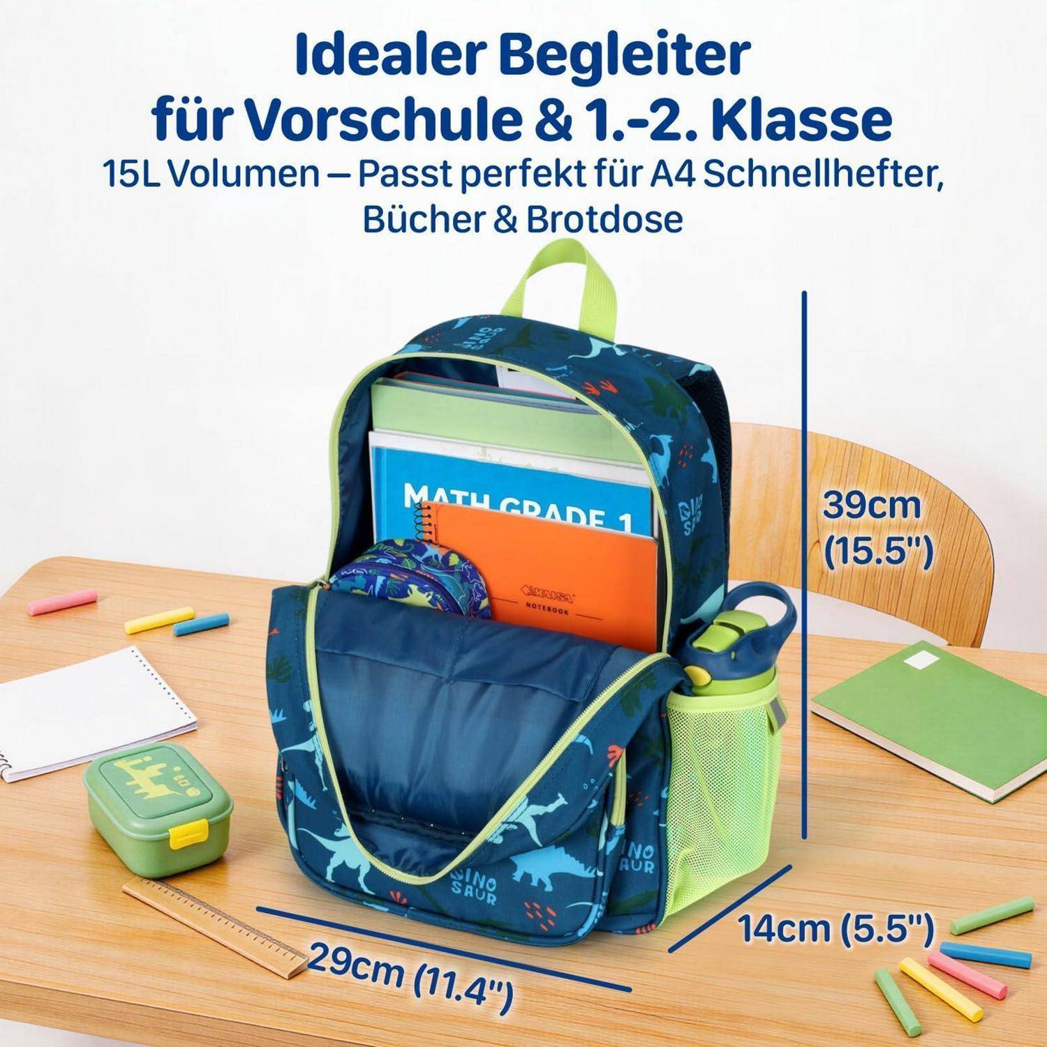 Kinderrucksack 15L, Jungen, Grün, Dinosaurier, Wasserabweisend, Reflektierend