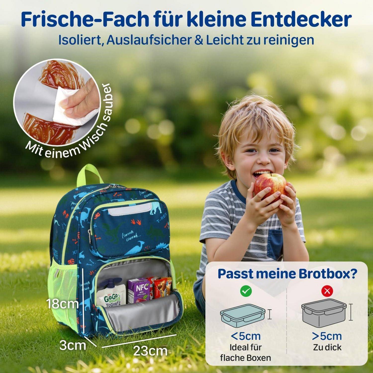 Kinderrucksack 15L, Jungen, Grün, Dinosaurier, Wasserabweisend, Reflektierend