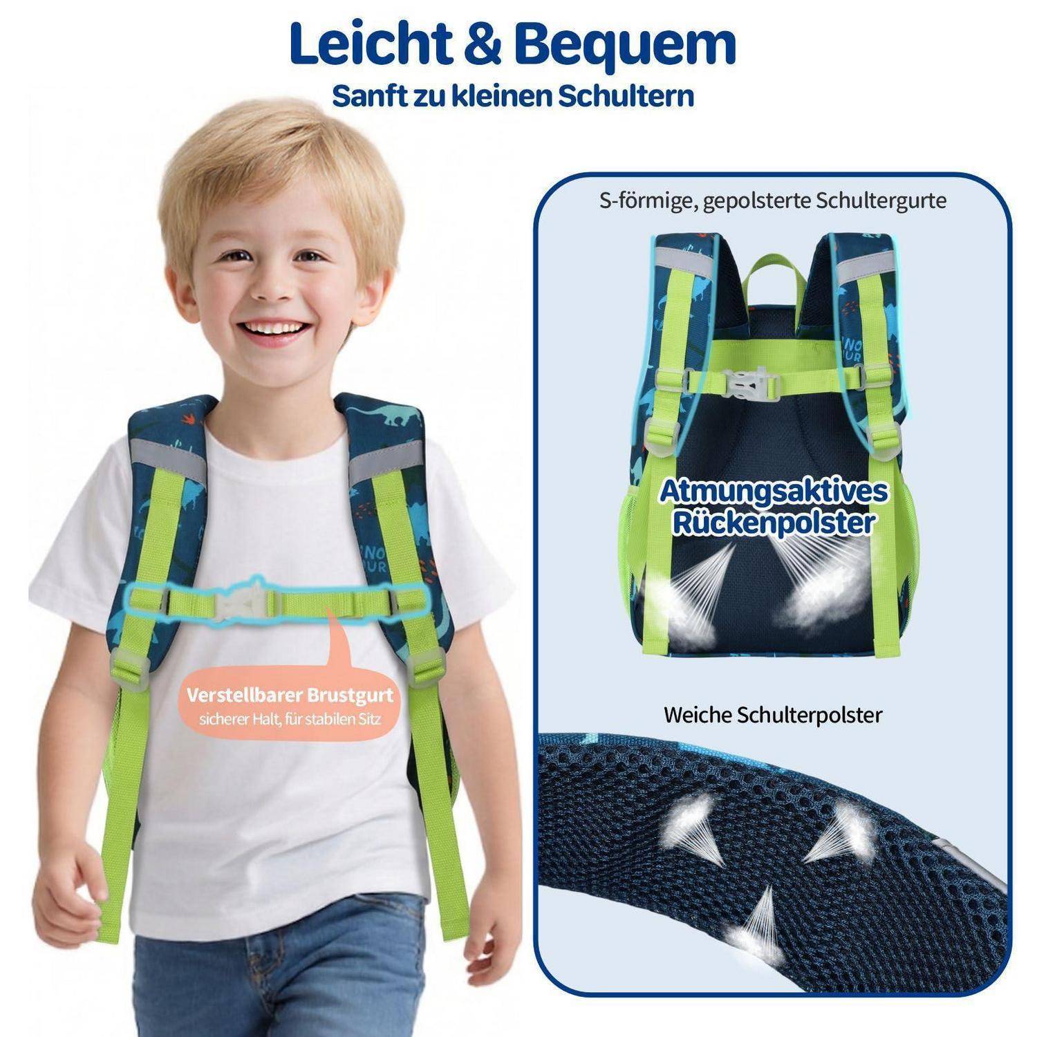 Kind mit leichtem Rucksack mit gepolsterten S-förmigen Schultergurten, verstellbarem Brustgurt und atmungsaktivem Rückenpolster; deutscher Text hebt Komfort hervor.
