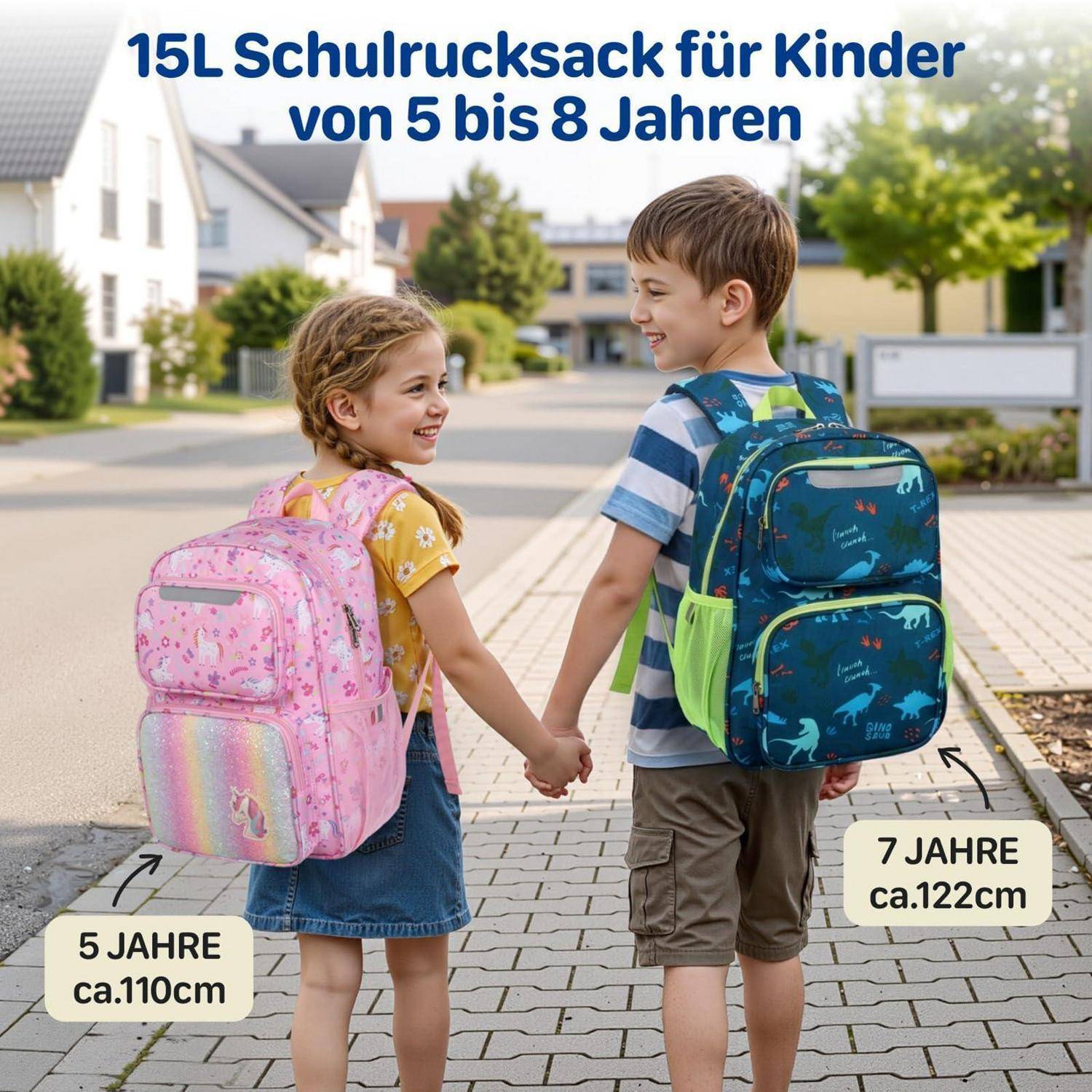 Kinderrucksack 15L, Jungen, Grün, Dinosaurier, Wasserabweisend, Reflektierend