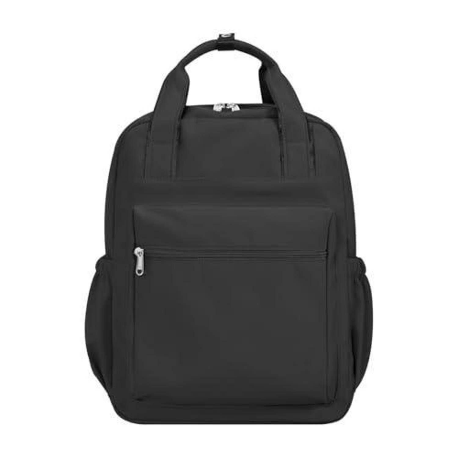 Schwarzer Rucksack mit oberem Griff, vorderer Reißverschlusstasche und Seitentaschen auf einfachem weißem Hintergrund.